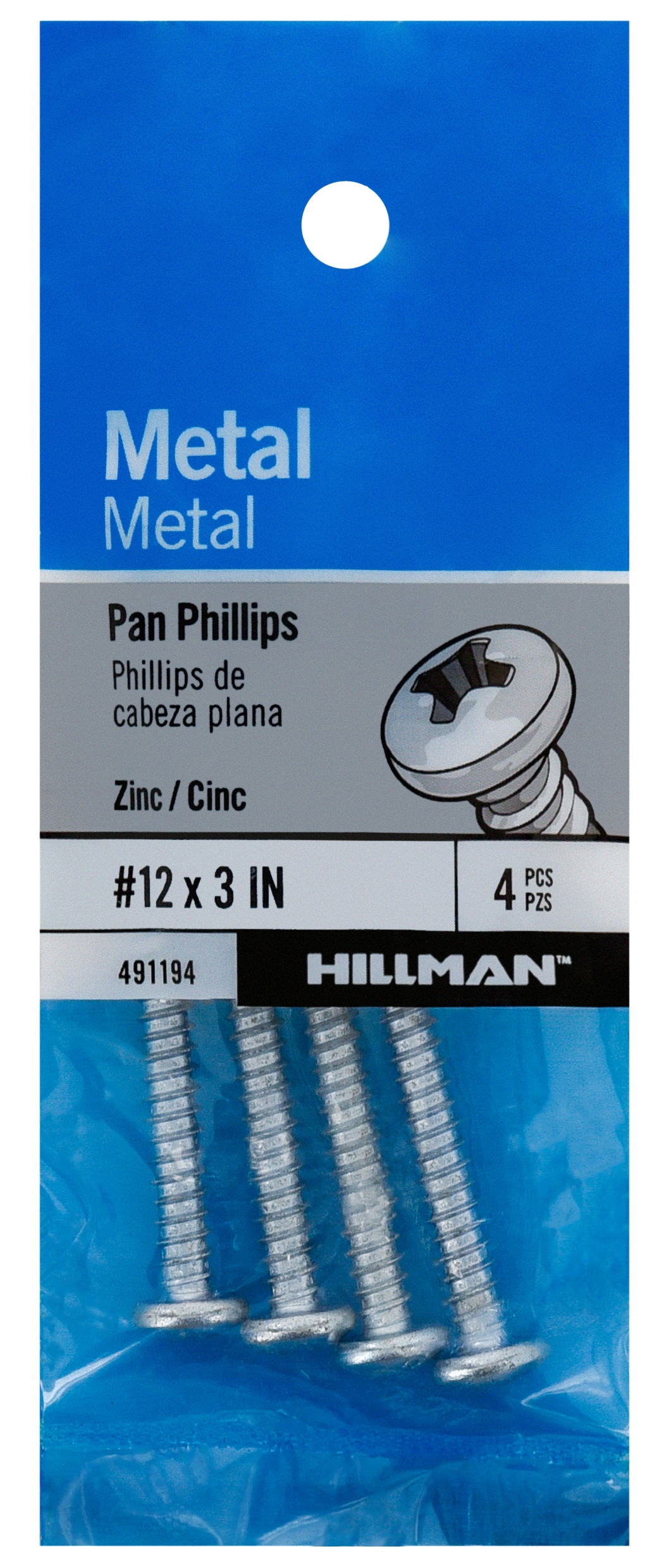Hillman 491194 #12 x 3-in Phillips -Drive Standard Sheet Metal Screws 4 -Count