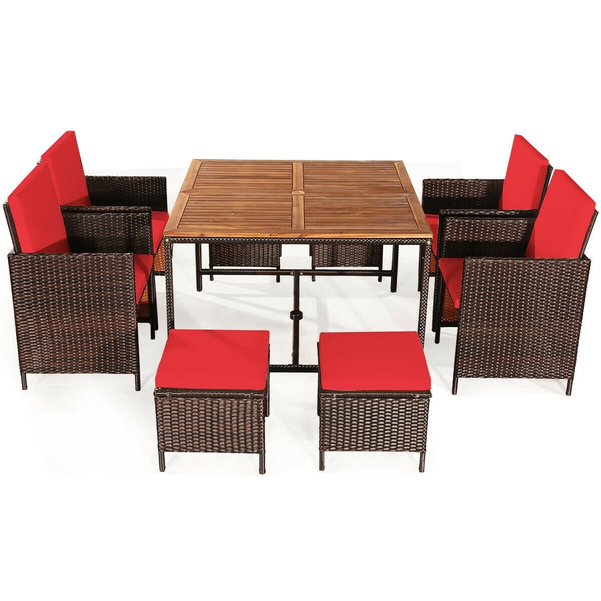 Slickblue D-CO-+ER47607WH 9-Piece Rattan Patio Dining Set - Acacia Wood Square Table with 4 Cushioned Chairs and 4 Ottomans – Outdoor Patio Garden and Backyard – 4 Colors