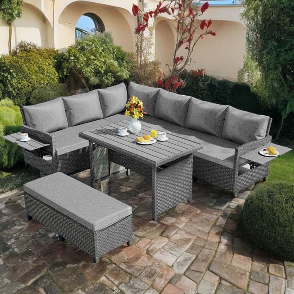 Runesay Sectional Sofa Set Rattan Outdoor Sectional with Gray Cushions ...