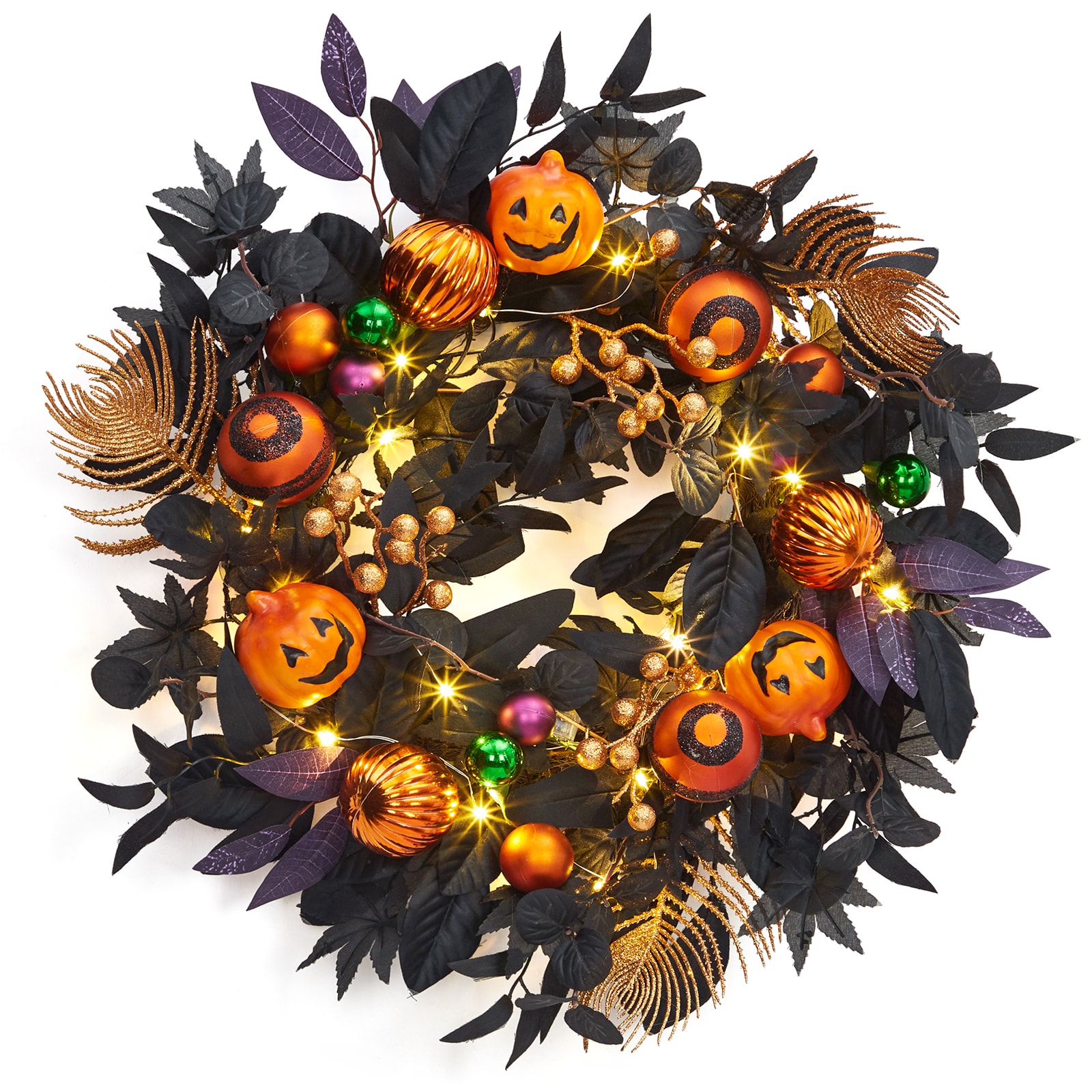 Aoile 20 Inch Halloween Wreaths with 20 LED Lights for Front Door-Prelit Jack-o-Lantern Pumpkin Wreath with Timer Black Leaves Halloween Decorations for Indoor Wall Window Party Decor
