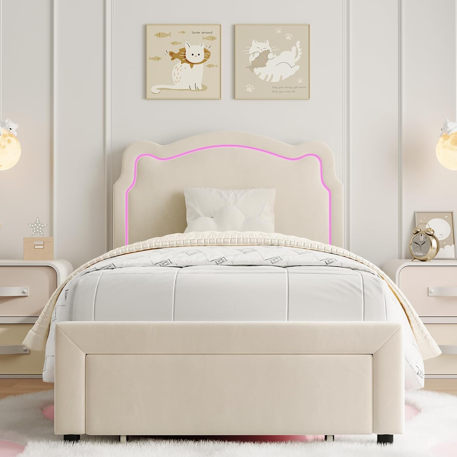 Qeetex DUKE-15JXGUS8 Twin Upholstered Smart LED Bed Frame with Adjustable Bear Headboard Storage Drawer Velvet Princess Platform Bed Frame for Kids/Girls Wooden Slats Support No Box Spring Needed Beige