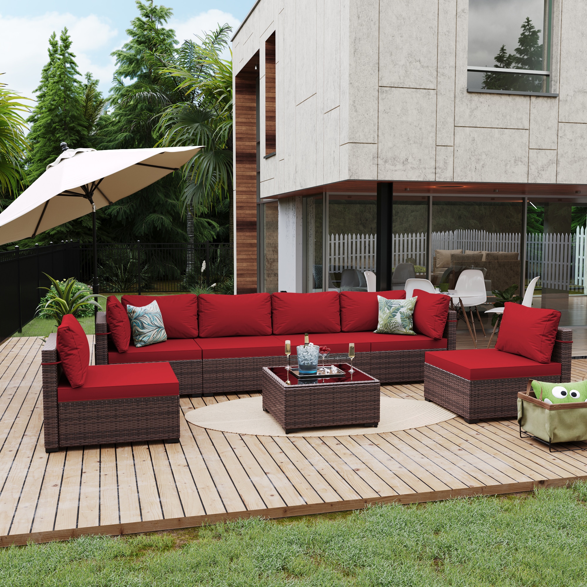 UPHA TBSF-ABC-RED 7 -Piece Wicker Patio Sofa Conversation Set with Red Cushions