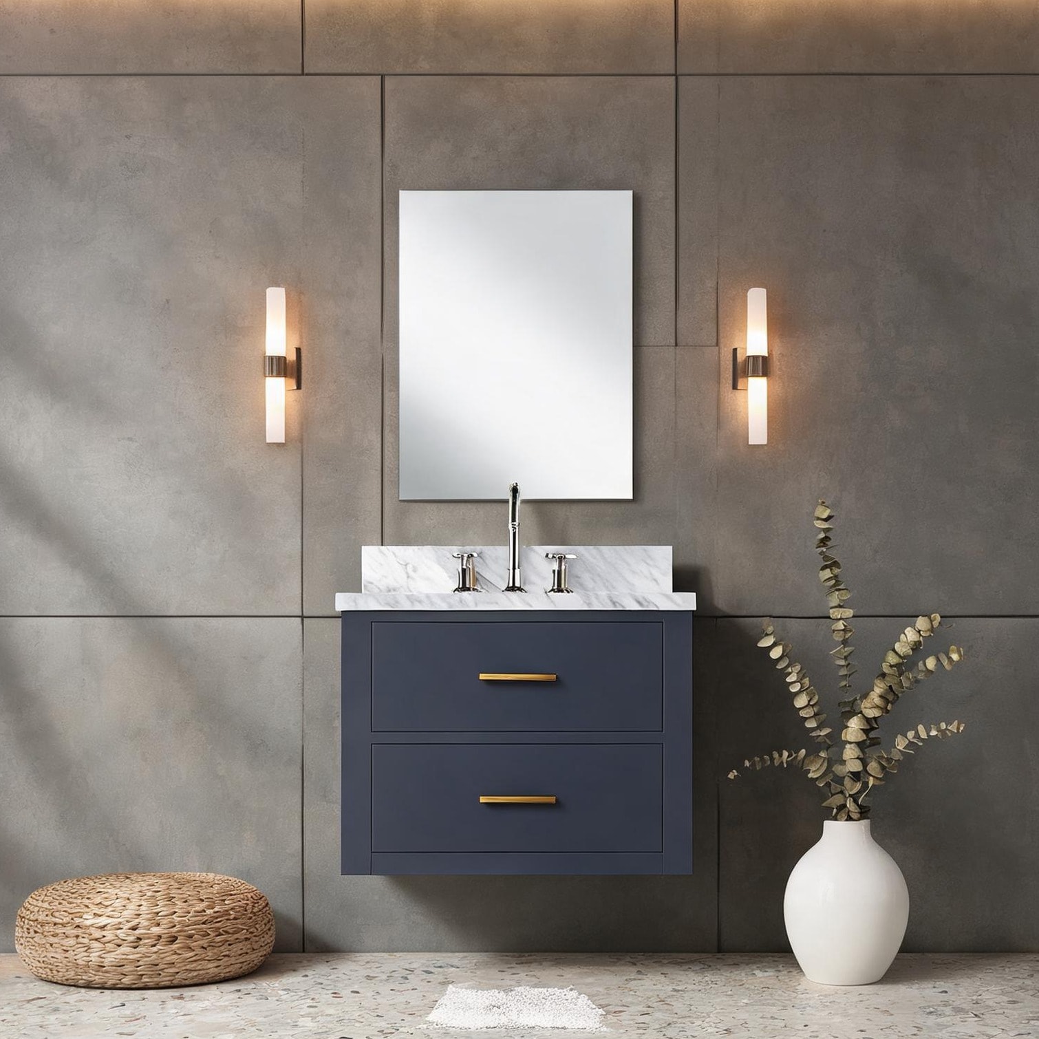 SunJet - Wood Vanity in Blue Finish with Integral Sink and Mirror Modern Bathroom Storage 24 Inch...