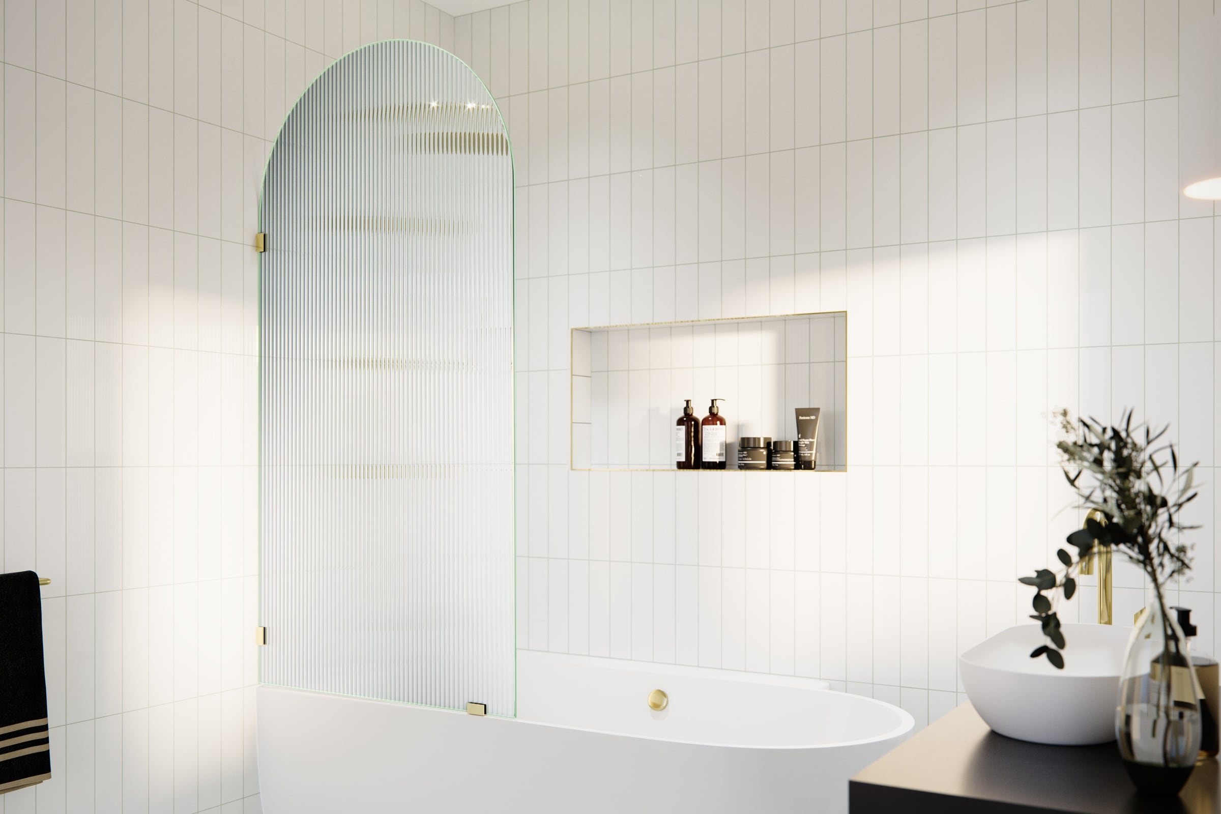 Glass Warehouse B-FL-ARC-34-PB Venus Polished Brass 34-in W x 66.75-in H Frameless Fixed Bathtub door