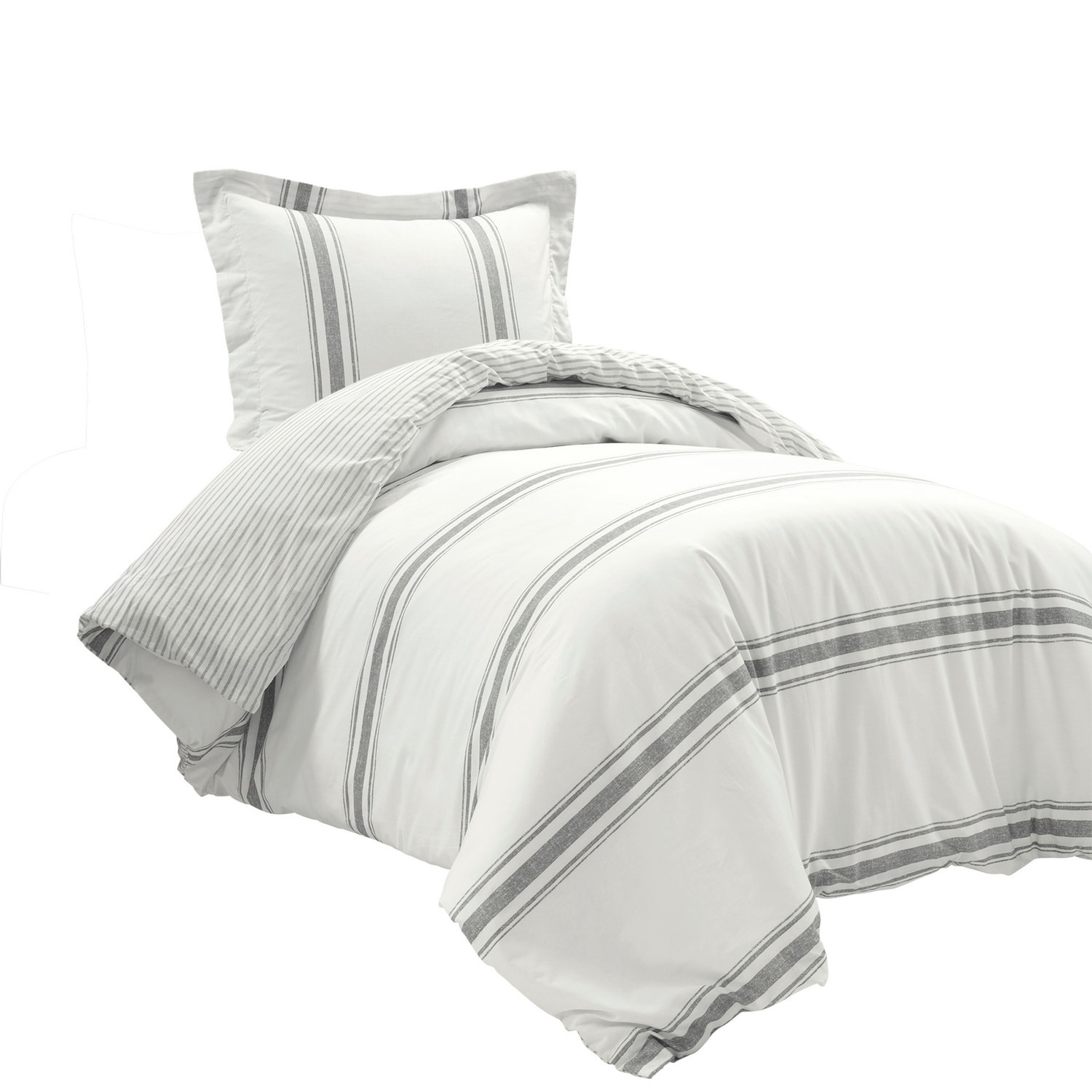 Dark Gray and White Cotton Twin XL Reversible Duvet Cover Set