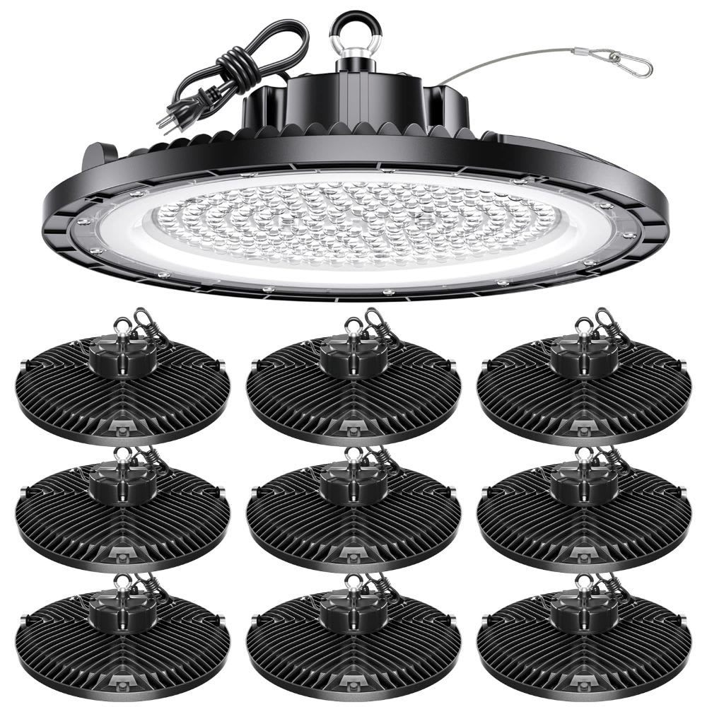 Etokfoks  200W LED UFO High Bay Light 5000K 30000 Lumens 150LMW 120 Degree Beam 5ft Plug Safe Rope Easy Install for Garage Shop 10 Pack