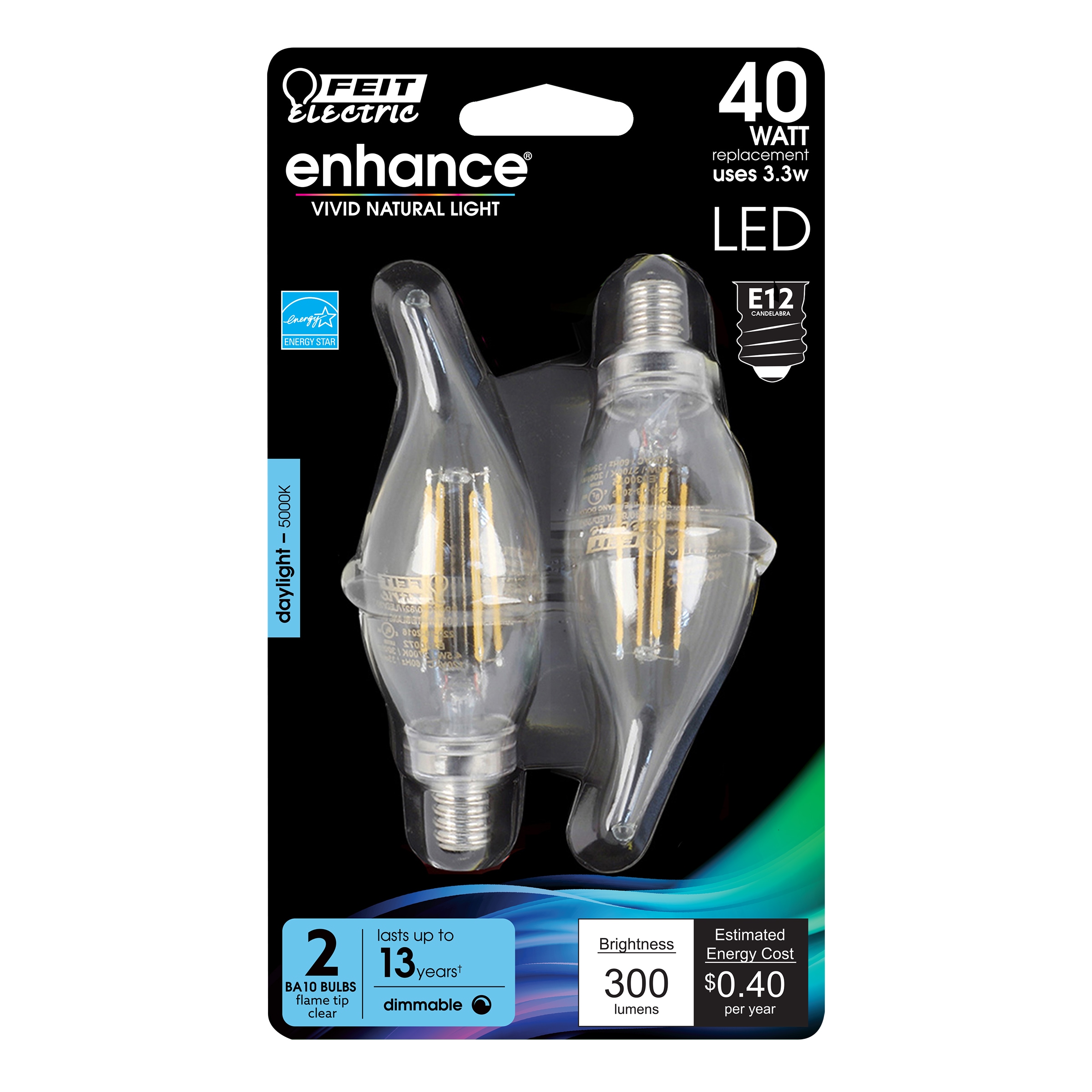 Feit Electric BPCFC40950CAFIL/2/RP LED Filament 40 -Watt EQ CA10 Daylight Candelabra base (E-12) Dimmable LED Decorative Light Bulb 2 -Pack