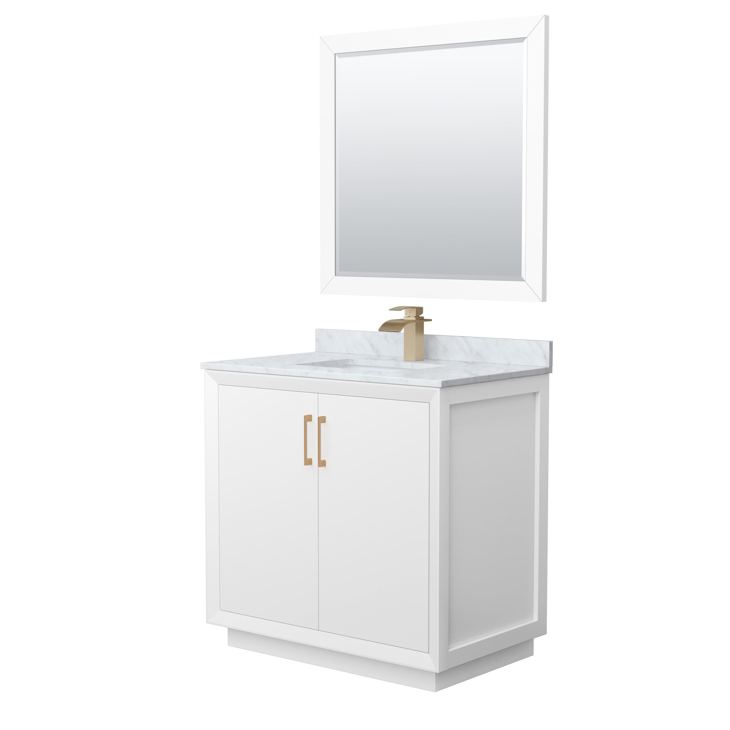 Wyndham Collection WCF414136SWZCMUNSM34 Strada 36-in White with Satin Bronze Trim Undermount Single sink Bathroom Vanity with White Carrara marble Natural marble Top (Mirror Included)