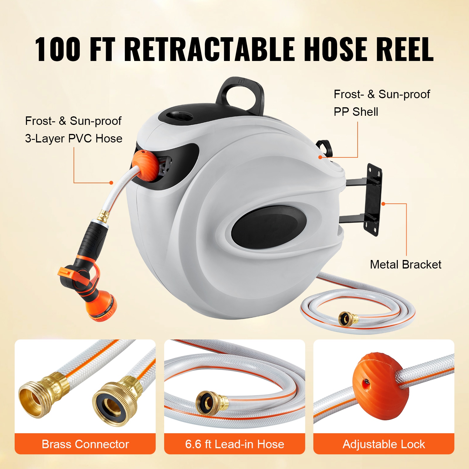 VEVOR Retractable hose reel Brass 100-ft Wall-mount Hose Reel in
