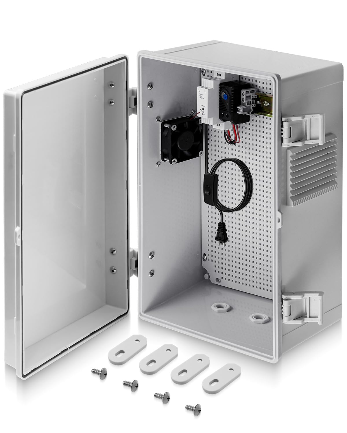 Misopily  Outdoor Electrical Box with Thermostat Fan and Mounting Panel 15 7 x 11 8 x 6 2 Inch ABS Weatherproof Dustproof Ventilated Enclosure