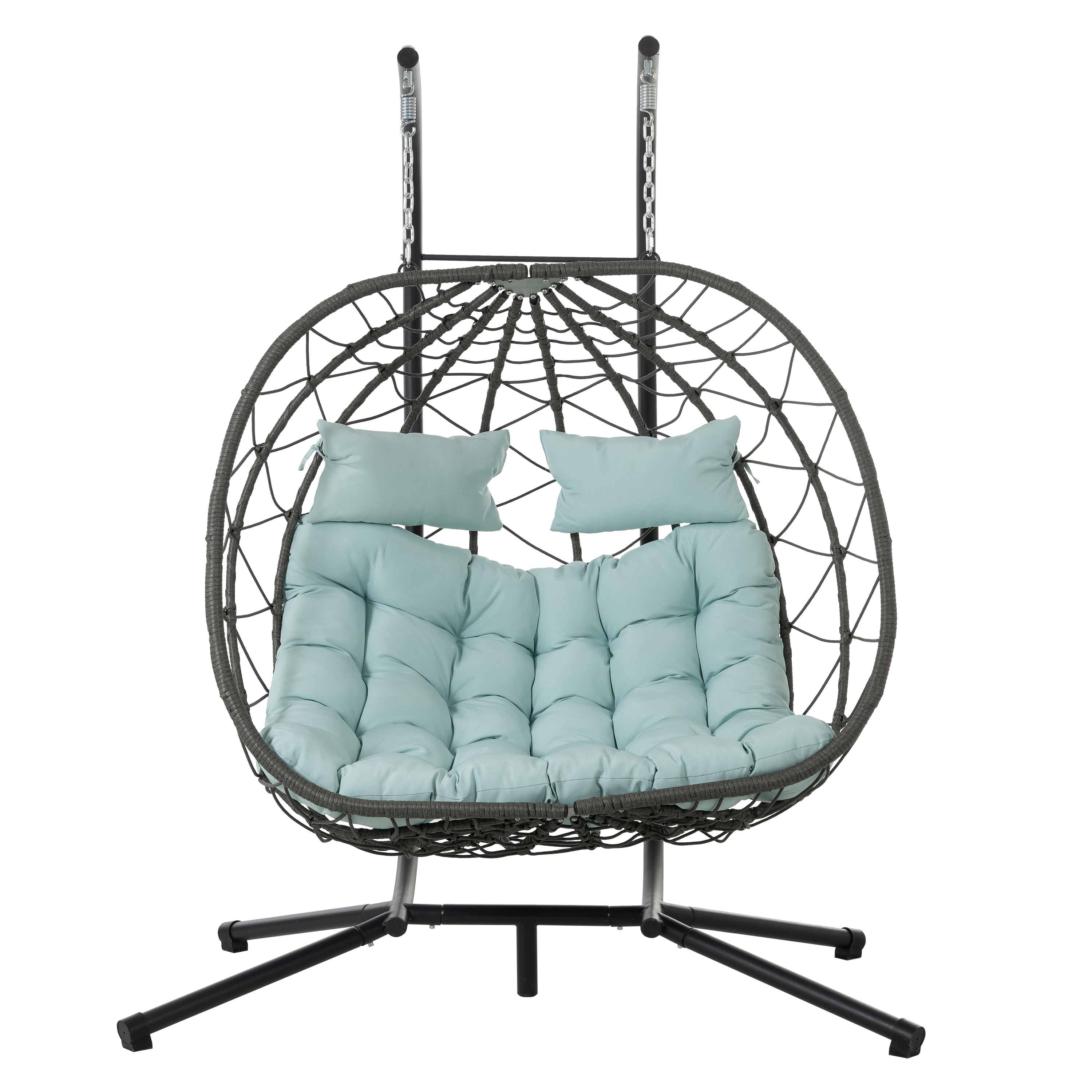 Siavonce 2 Persons Egg Chair Black Metal Frame Hanging Egg Chair with Blue Cushioned Seat #ZX-105199