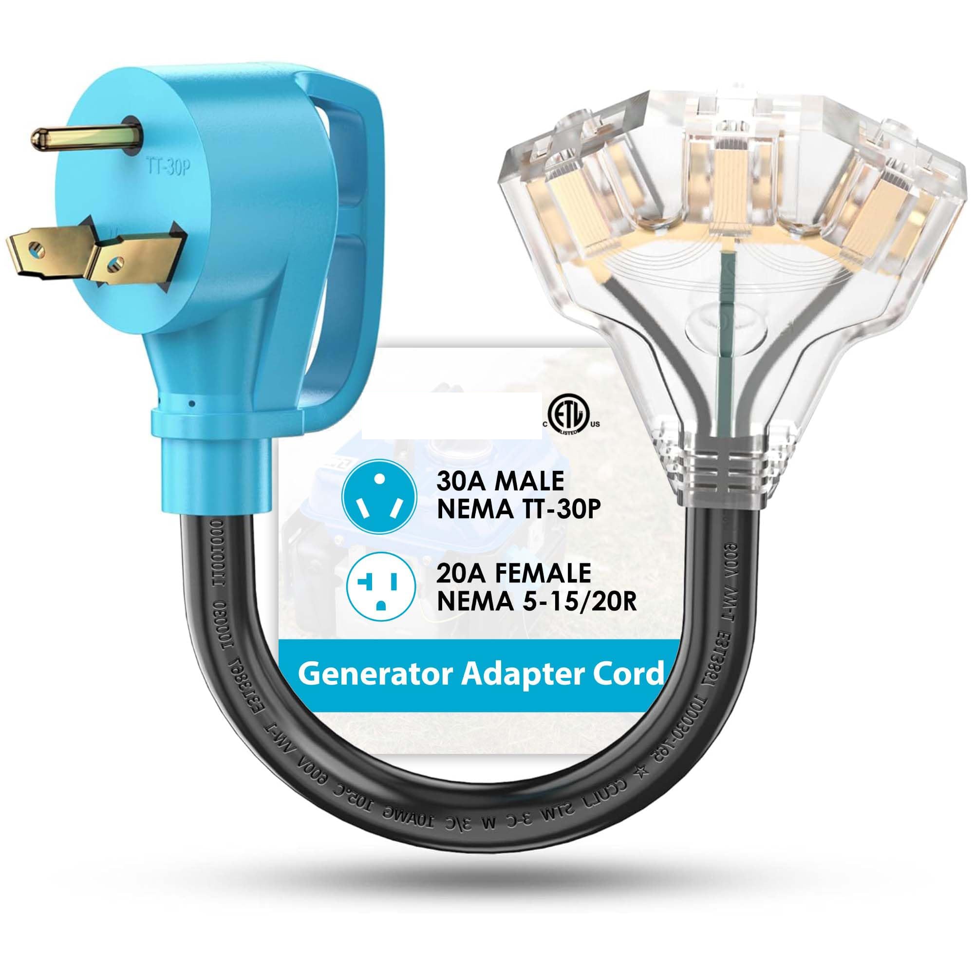Misopily 30 Amp to 110V RV Generator Adapter Cord NEMA TT30P Male to Three 515R 520R TBlade Outlets with LED Power Indicator 12 Inch 1 Piece #LMS0408G23