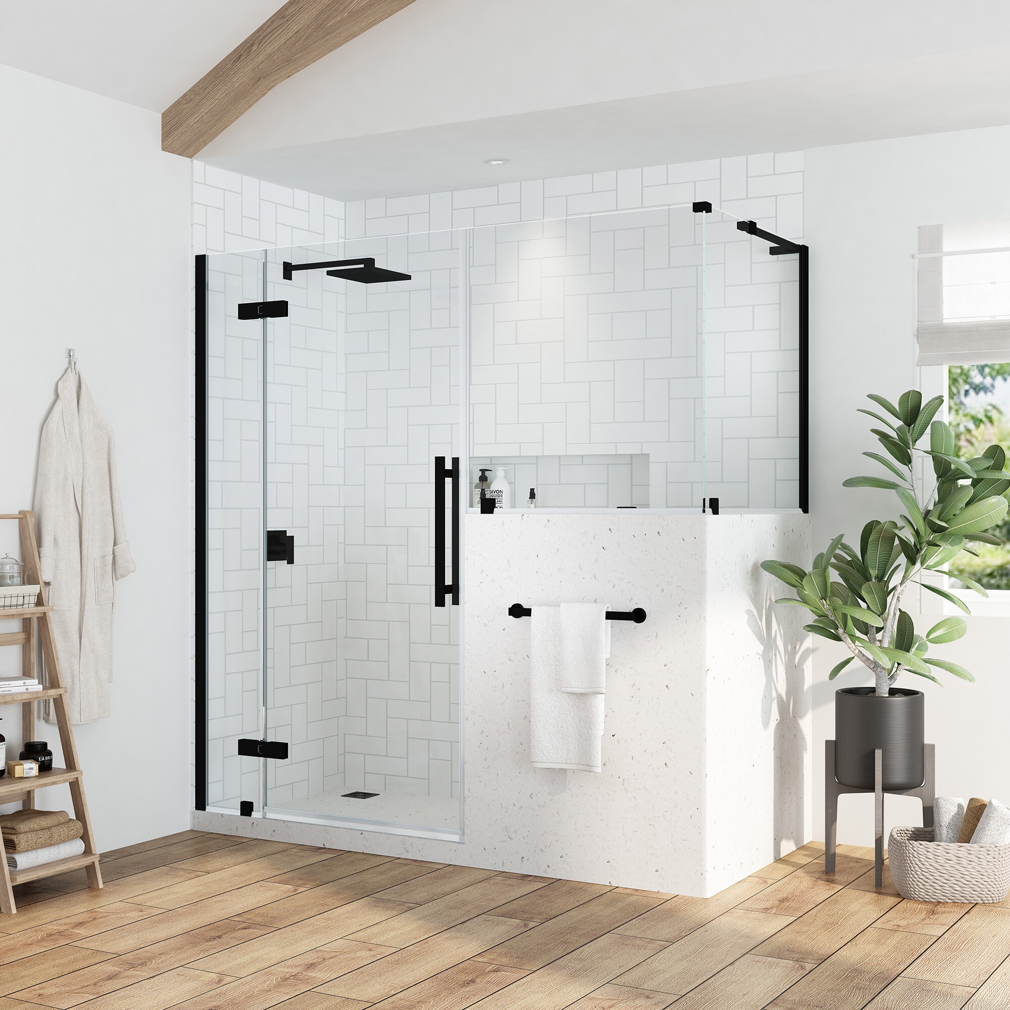 Tampa-Pro 54" x 72" Frameless Black Shower Kit with Shelves