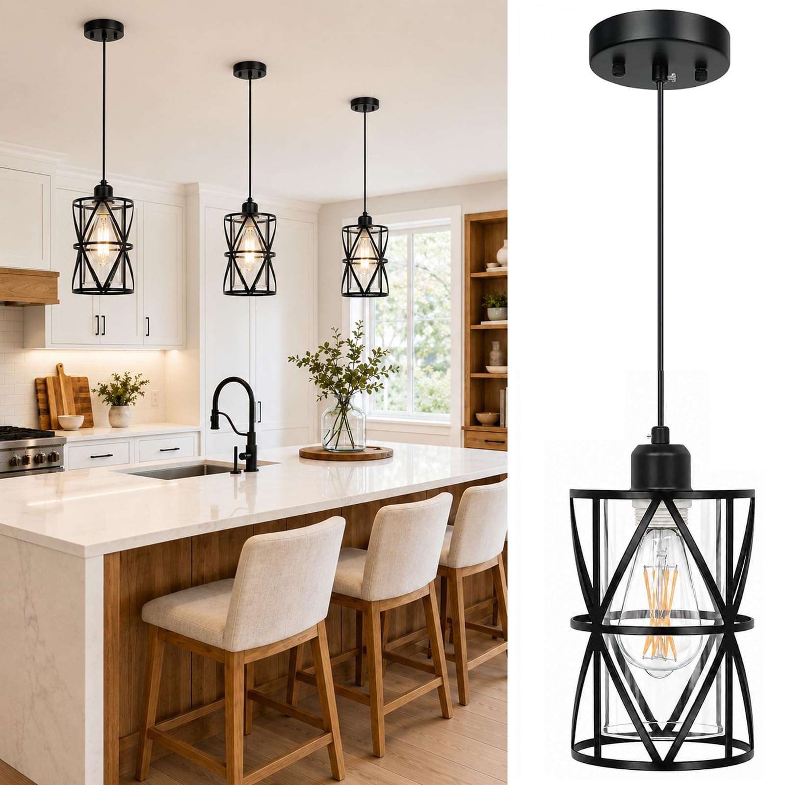 IUEST  Black Pendant Light with Clear Glass Shade Adjustable Height Modern Kitchen Island Lighting Fixture for Dining Room Entryway
