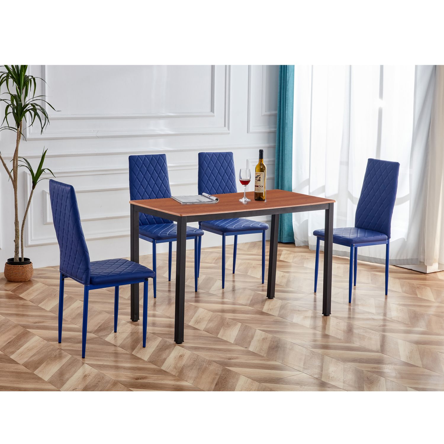 JASMODER W854S00014 Retro Style Dining Table And Chair Hotel Dining Table And Chair Conference Chair Outdoor Activity Chair PU Leather High Elastic Fireproof Sponge Dining Table And Chair 5-Piece Set(Light Coffee+Blue)