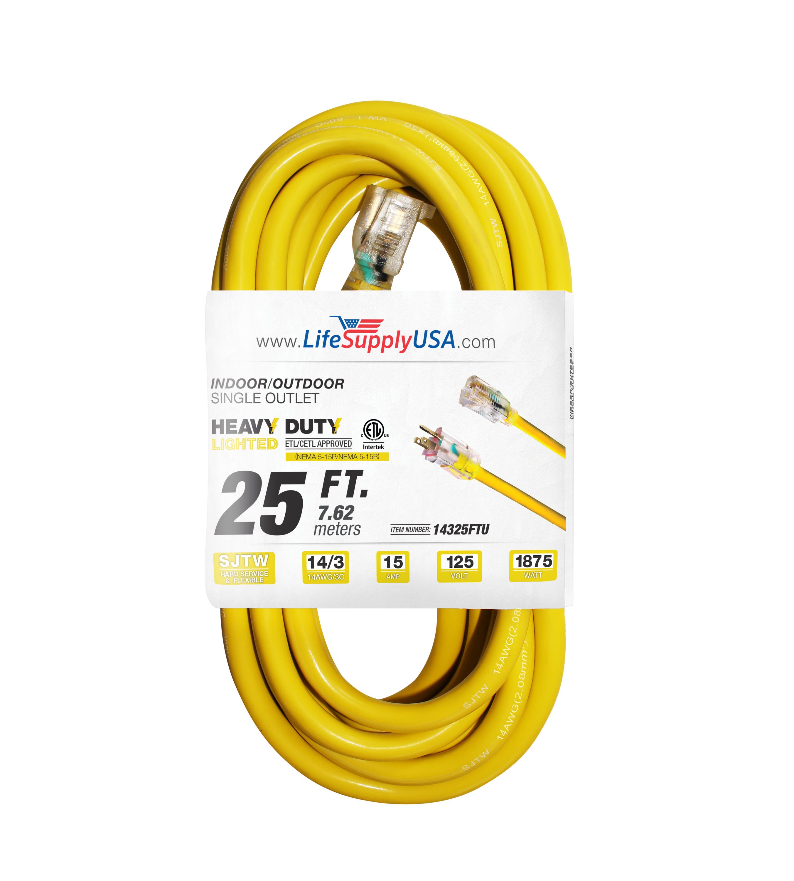 LifeSupplyUSA 25-ft 14/3-Prong Indoor/Outdoor Sjtw Heavy Duty Lighted Extension  Cord in the Extension Cords department at