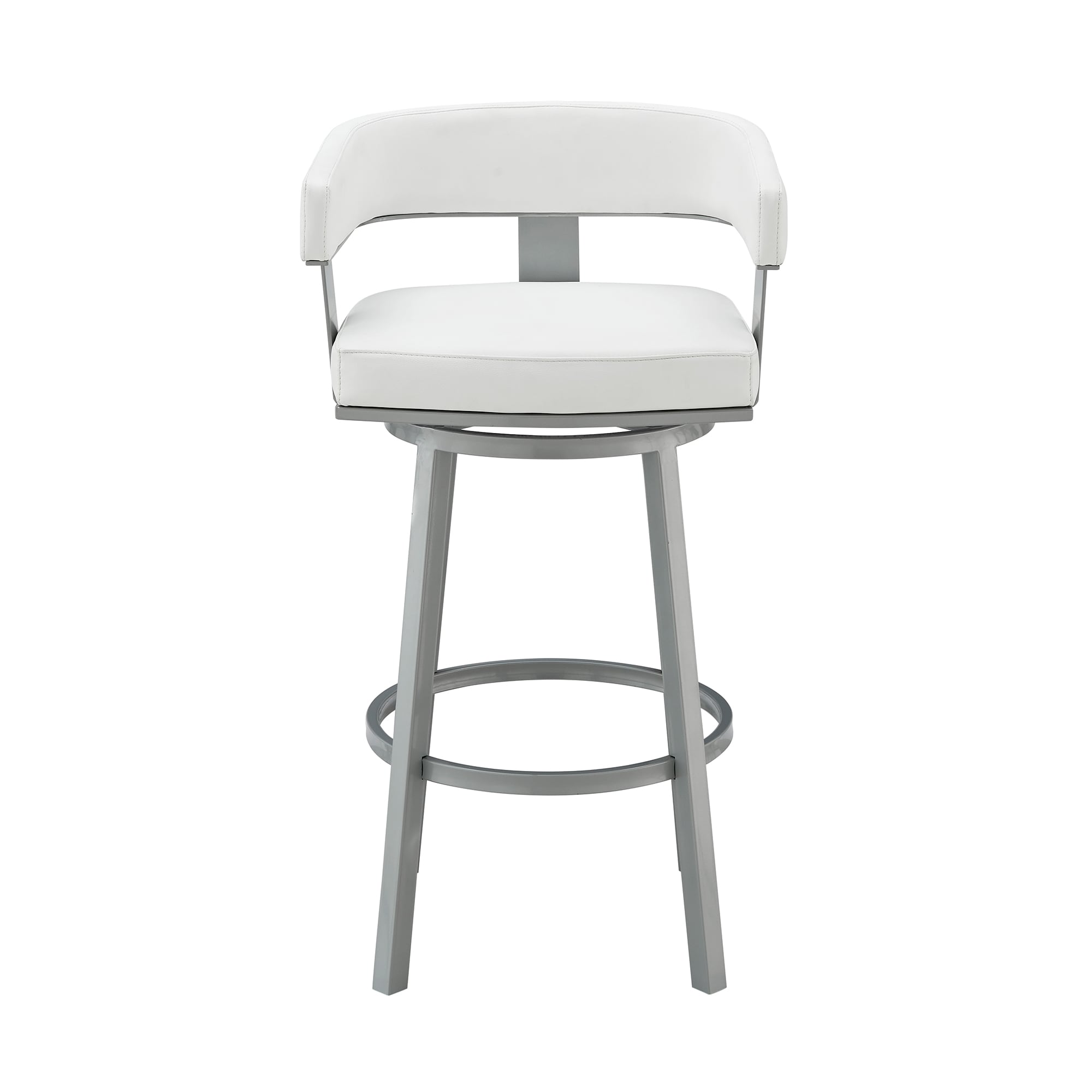 Armen Living LCLRBASLWH26 Silver 26-in H Counter height (24-in to 27-in) Bucket Seat Upholstered Swivel Metal Bar Stool with Arms
