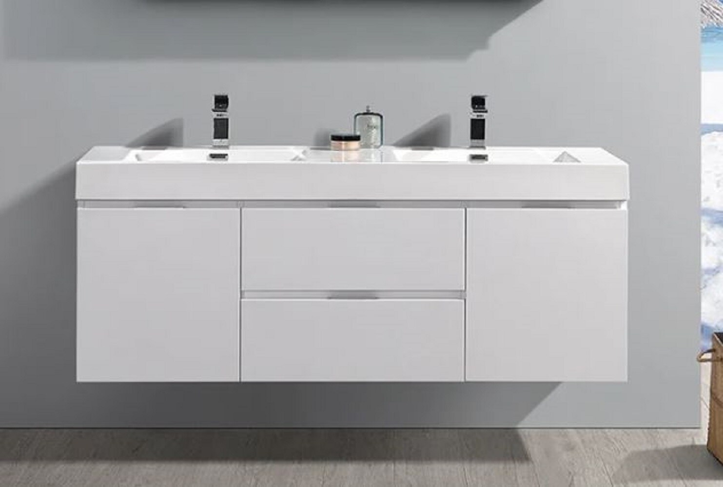 Glossy White 60" Wall-Mounted Double Sink Vanity with Acrylic Top