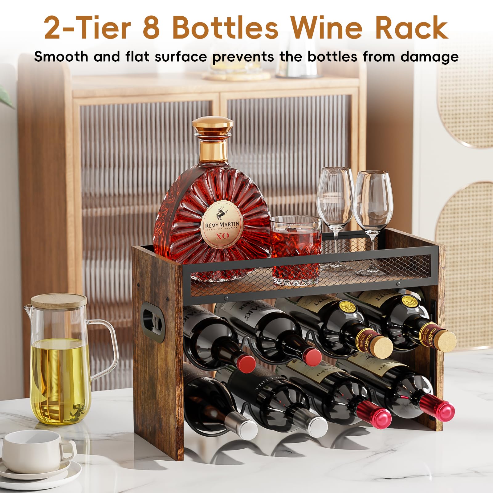 Misopily 2 Tier Wine Rack Holds 8 Bottles Sturdy Wood and Metal Lattice ...