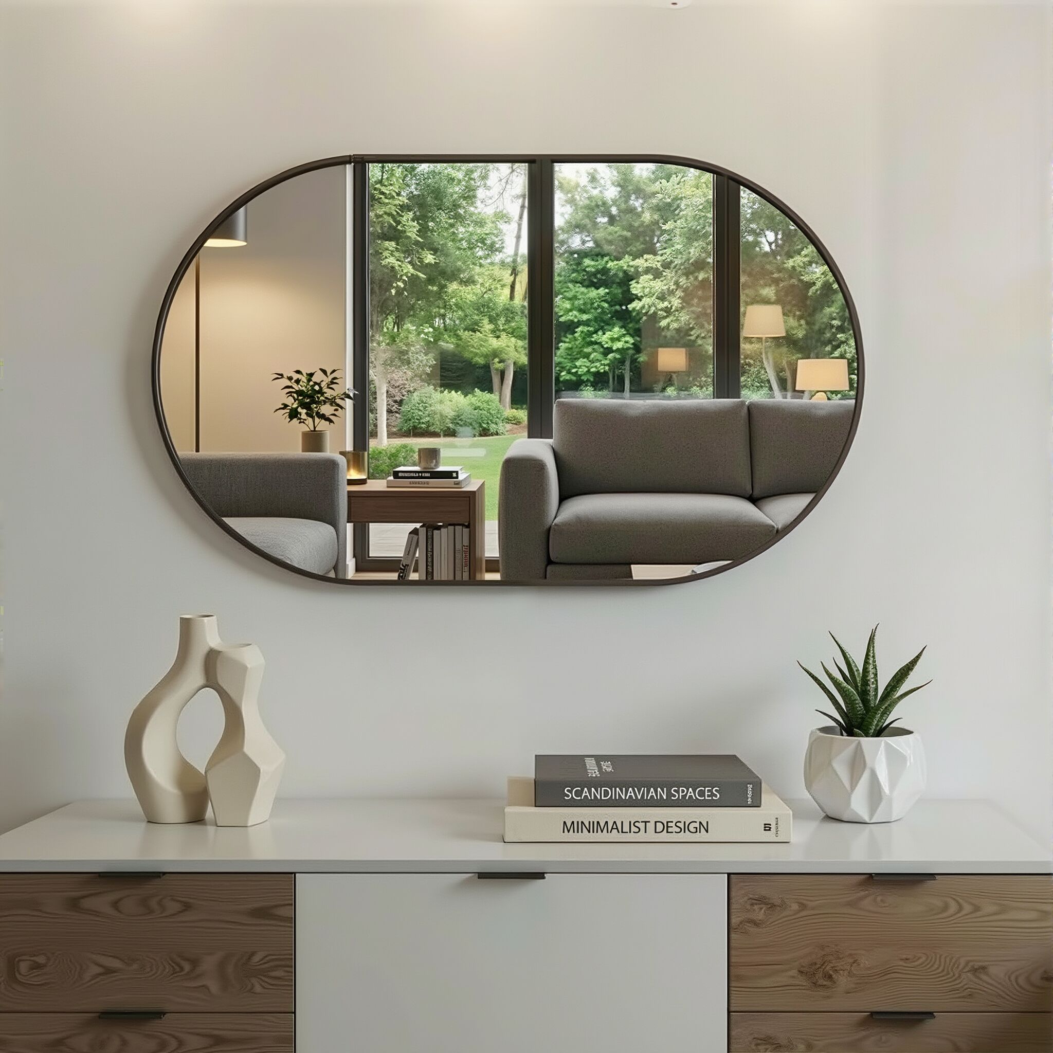 YQP 24x48 Inch Oval Aluminum Alloy Black Framed Tempered Glass Bathroom Mirror