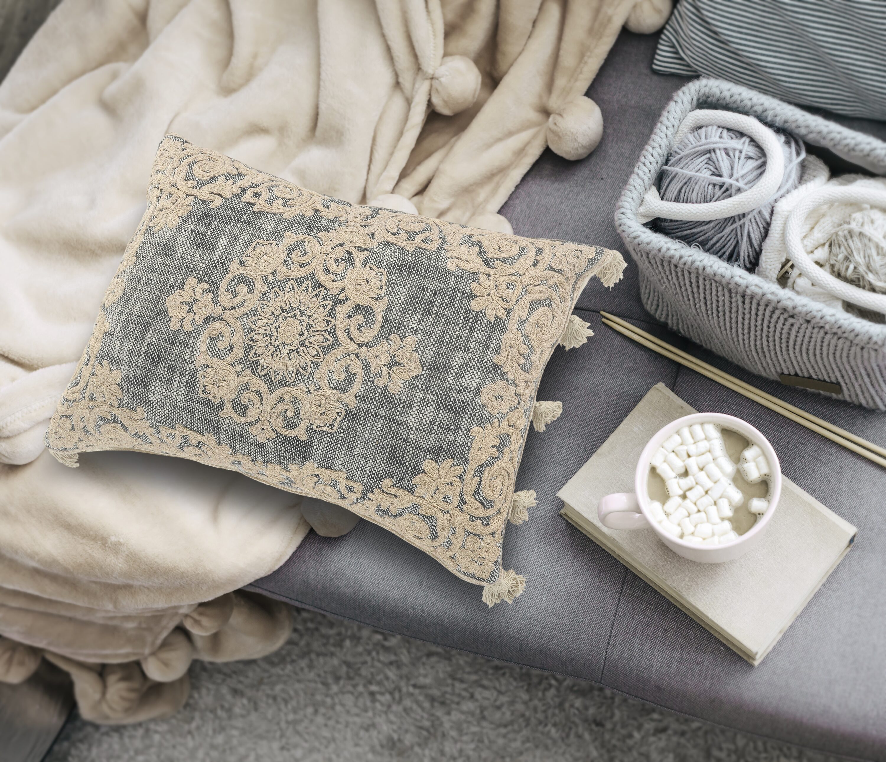 Gray and Beige Embroidered Rectangular Lumbar Pillow