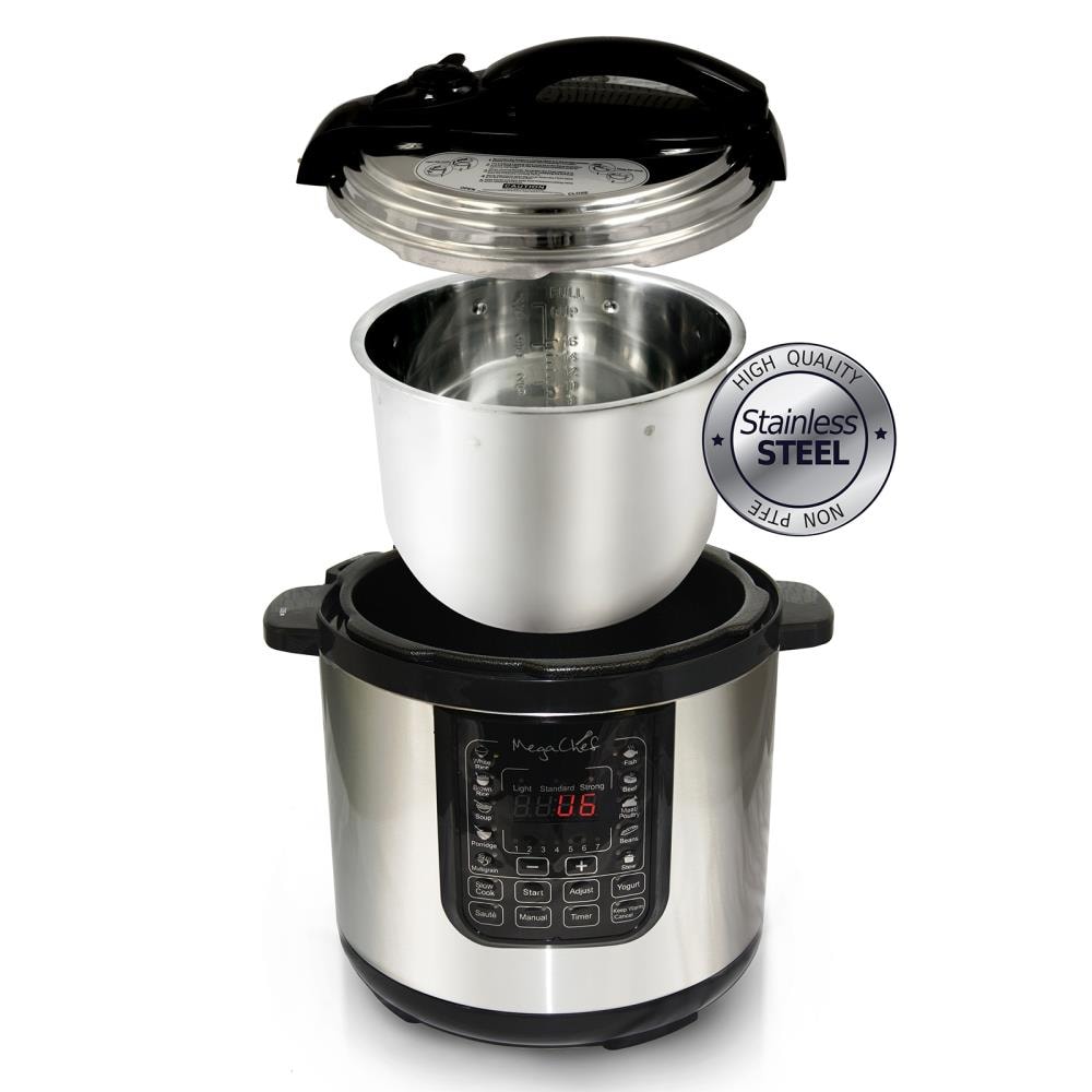 MegaChef 6-Qt. Stainless-Steel Electric Digital Pressure Cooker with Lid,  Silver/Black