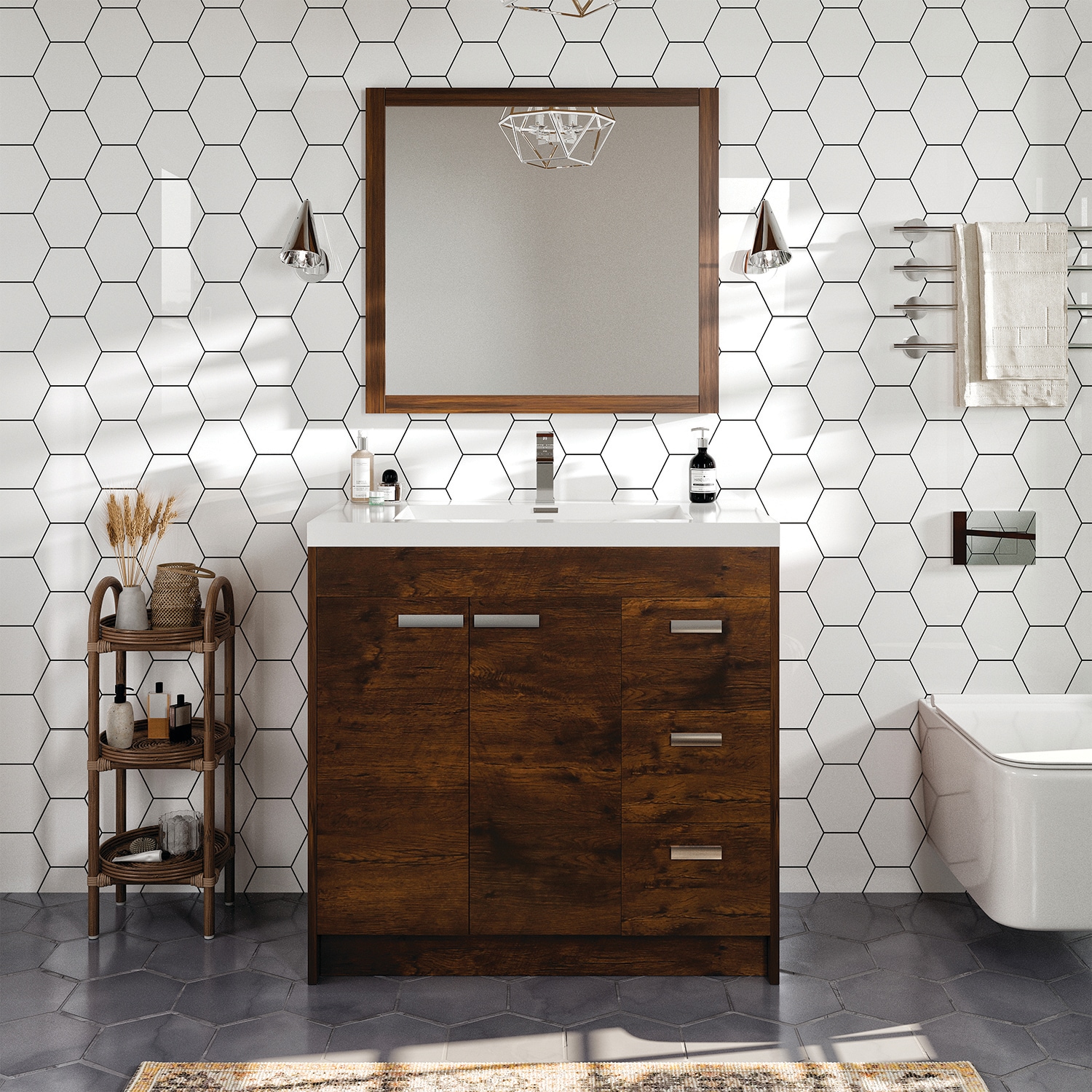 Eviva EVVN900-8-36RSWD Lugano 36-in Rosewood Single sink Bathroom Vanity with White Acrylic Top