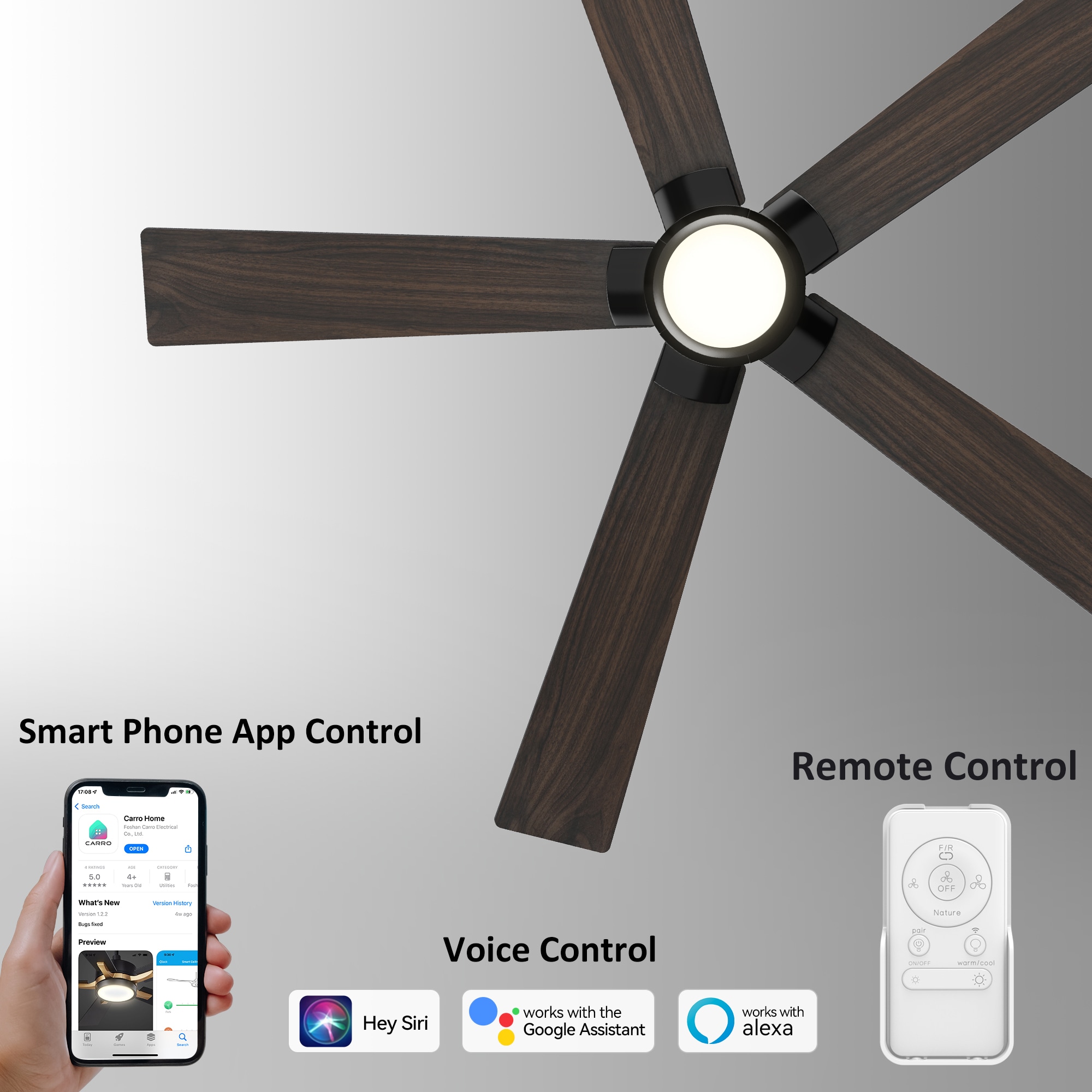 CARRO USA Aspen 56-in Black with Wooden/Walnut Blades Indoor/Outdoor Smart Ceiling Fan with Light and Remote (5-Blade) LS565J1-L11-BG-1 Sansujyuku sansujyuku.com