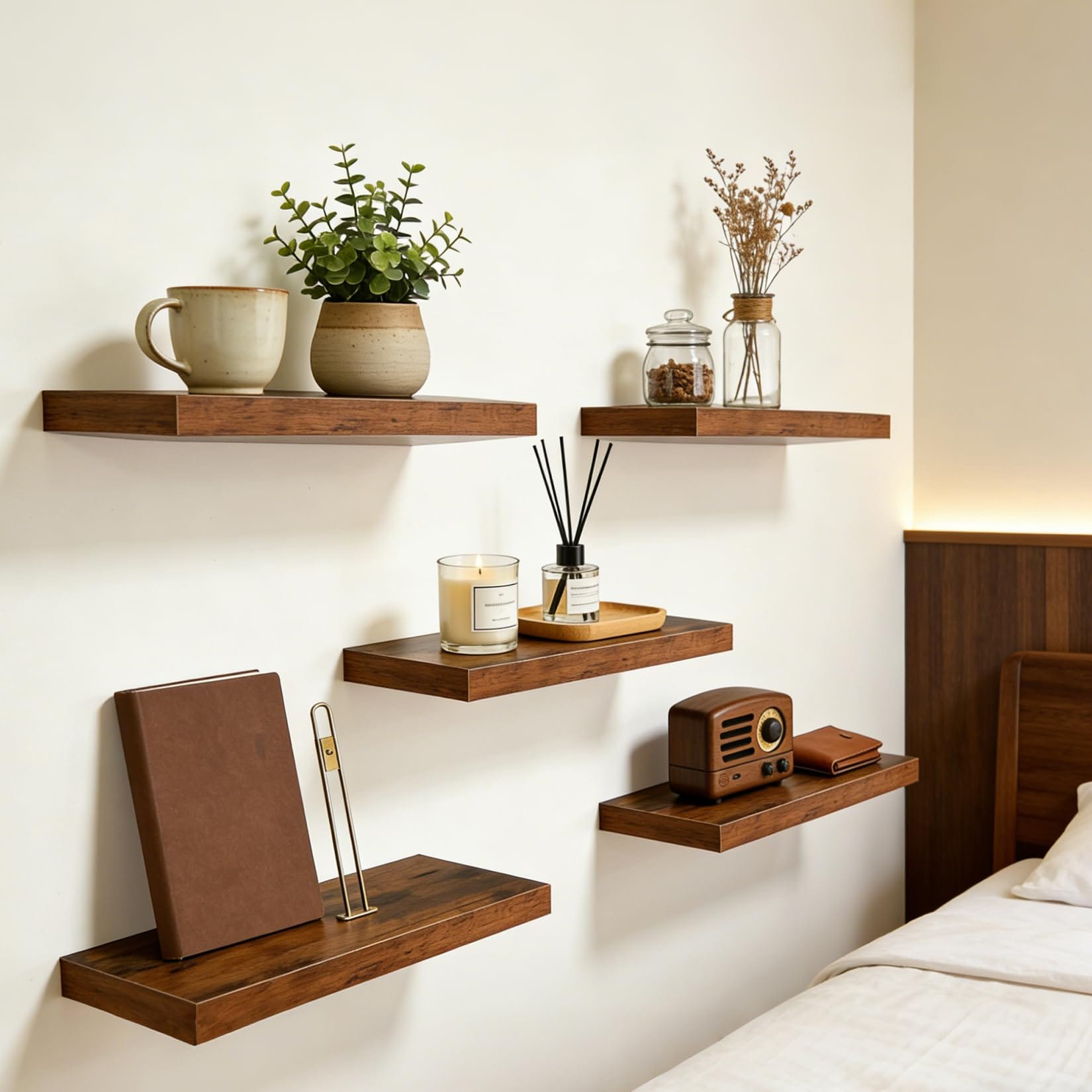 Garvee 5 Piece Rustic Brown Floating Wall Shelves. Wall Mounted Shelves