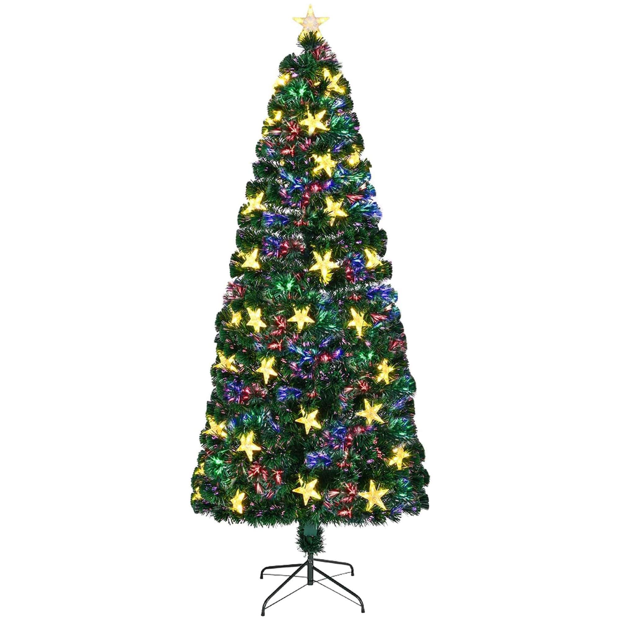 Rbied 6FT Pre Lit Fiber Optic Artificial Christmas Tree with Large Stars Color Changing Lights Full Spruce Tree with Metal Stand for Holiday Decoration