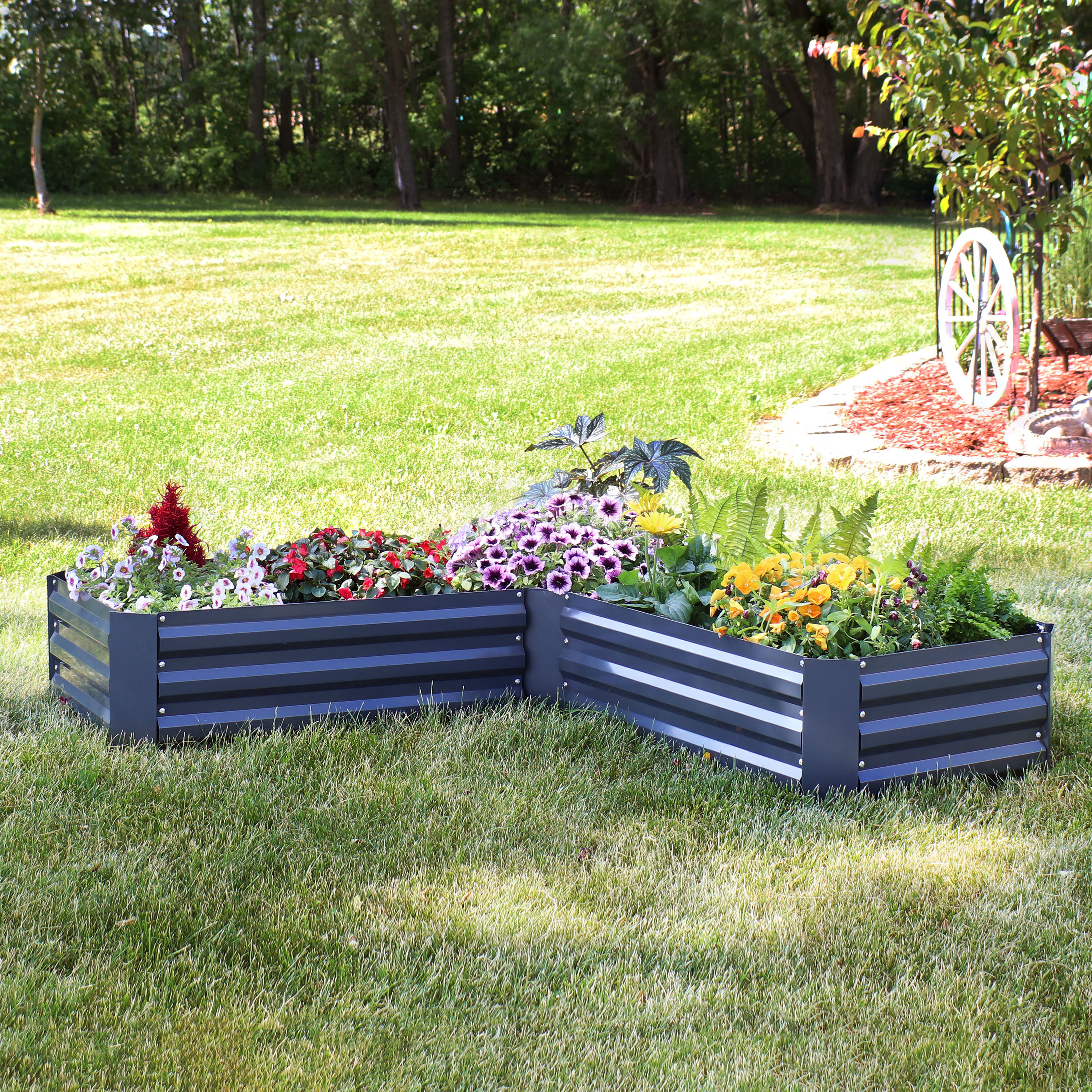 Dark Gray Galvanized Steel L-Shaped Raised Garden Bed
