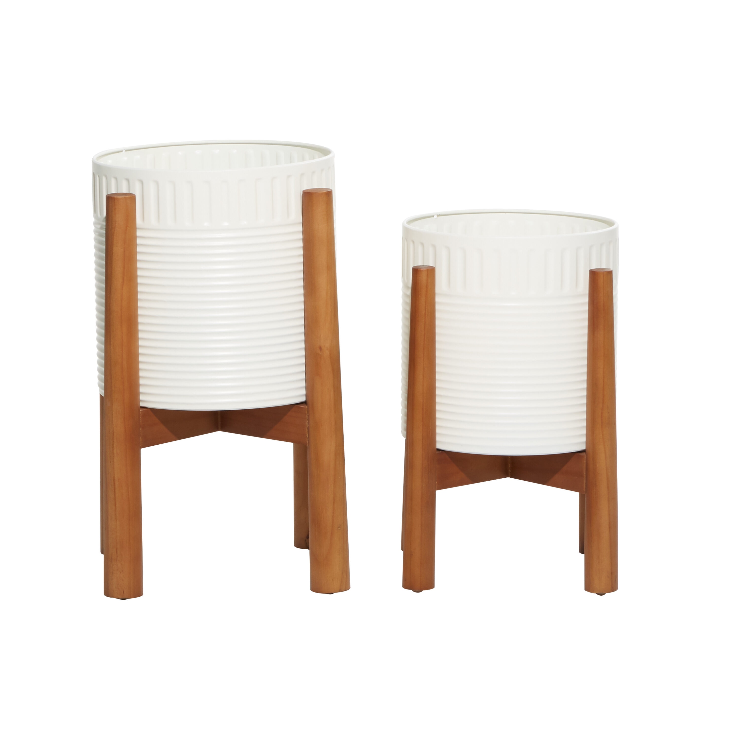 Elegant White Metal & Warm Wood Round Planters, Set of 2