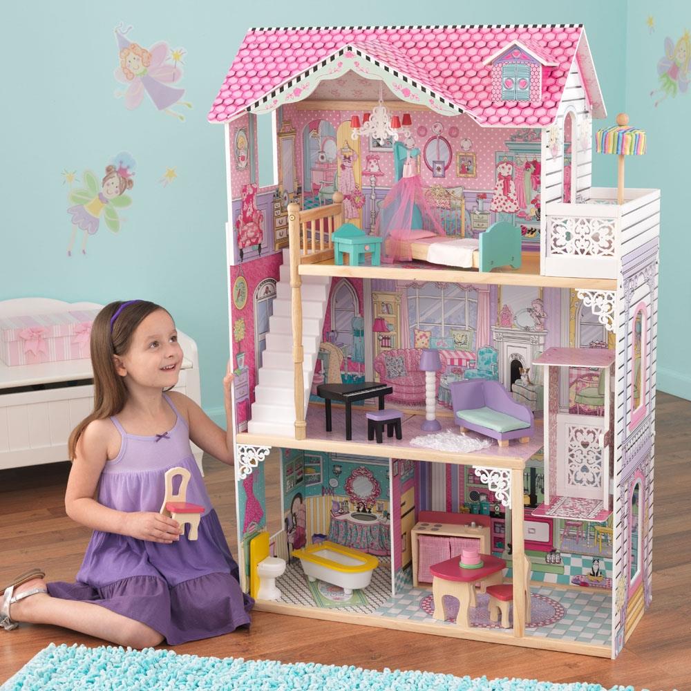 Goplus 28 inch Pink Doll House w/Furniture Gliding Elevator Rooms 3 Levels  Young Girls Toy at
