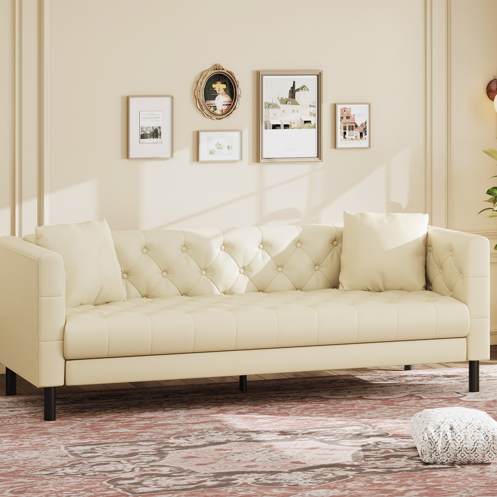 IdealHouse Mid Century Modern Chesterfield Sofa 81 inch Faux Leather 3 ...
