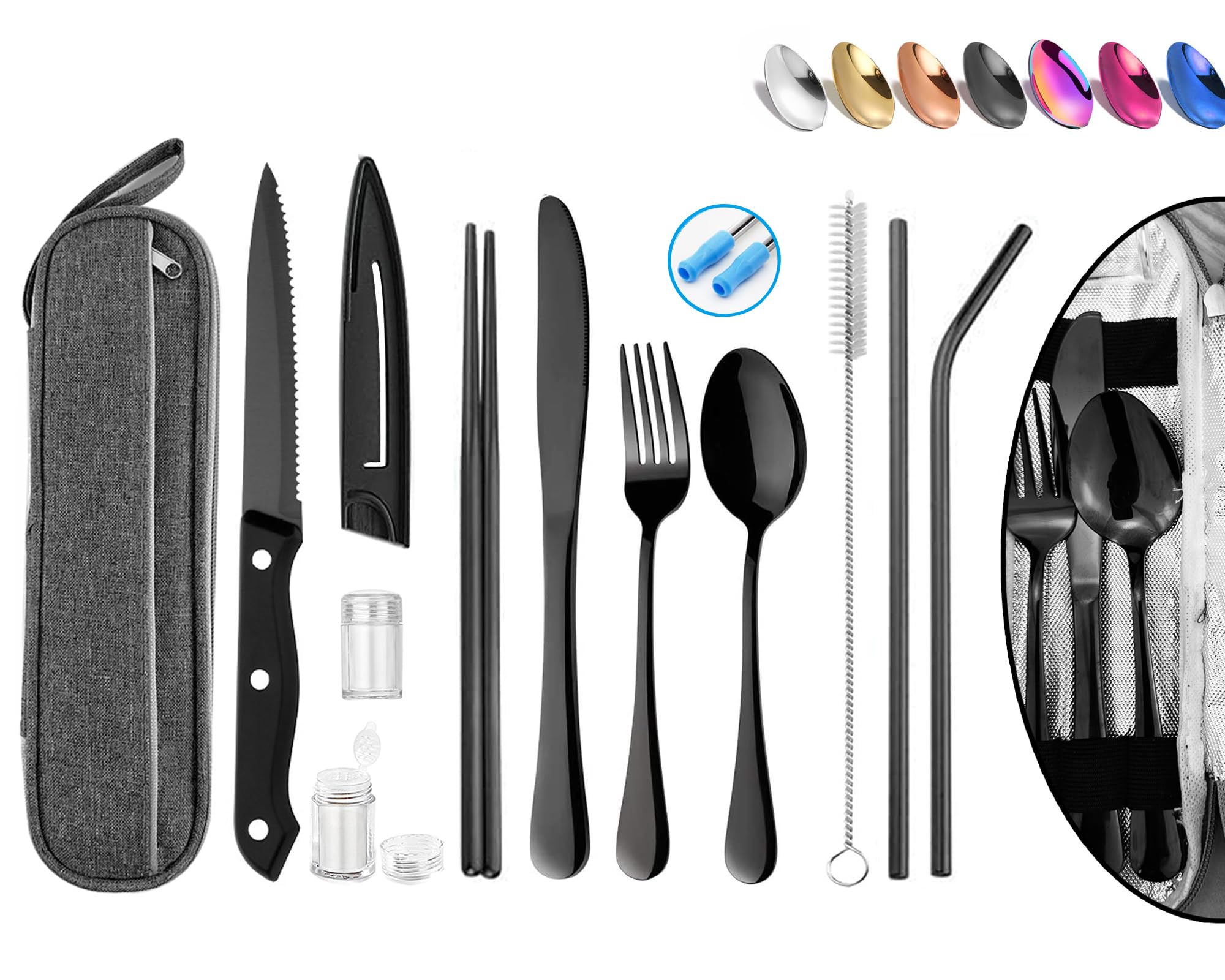 Anqtovp Portable Stainless Steel Travel Utensils Set with Case Includes Knife Fork Spoon Chopsticks Straws Brush Spice Jars Adult Size Reusable #LAN0619N080