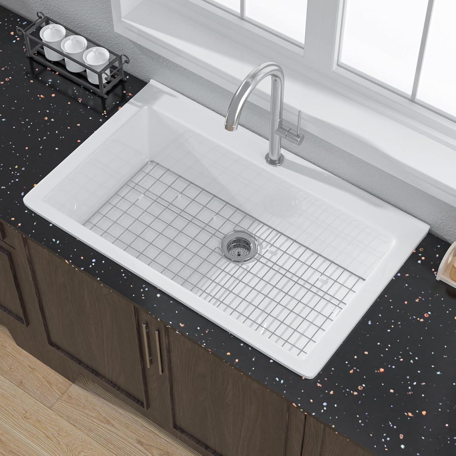 Miuara  White Kitchen Sink Drop In 36 Inch 1 Hole Topmount Fireclay Sink Drop In 36x22 Extra Large Heavy Duty Deep Single Bowl With 2 Custom Accessories Glossy White for Kitchen