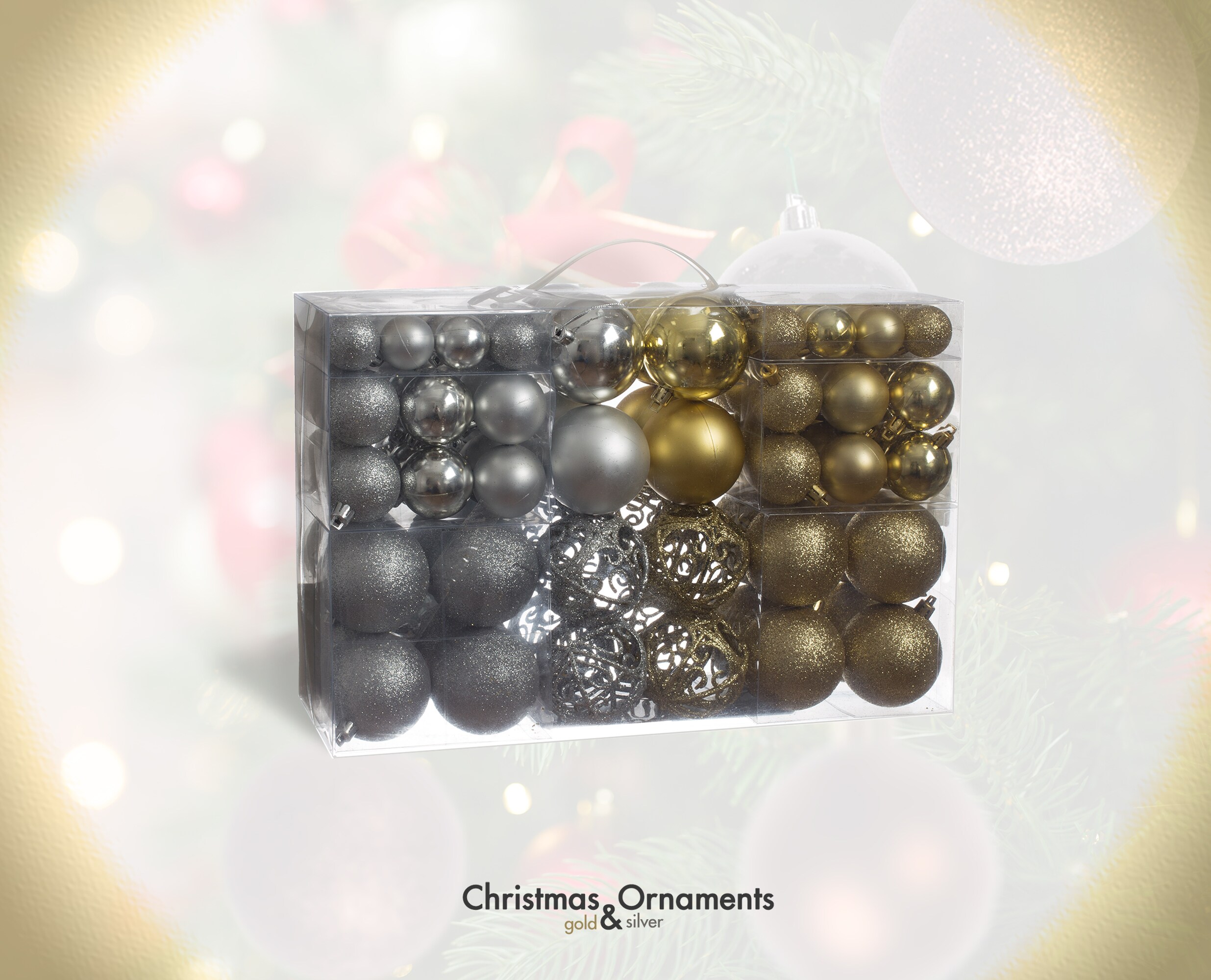 Gold and Silver Shatterproof Plastic Christmas Ornament Set