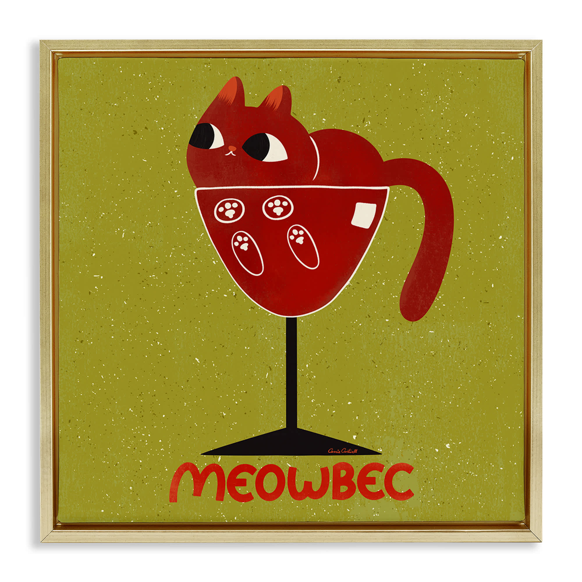 Stupell Industries BS-852-FFG-17X17 Meowbec Cat Wine Gold Framed Floater Canvas Wall Art By Carrie Cantwell 18 x 18