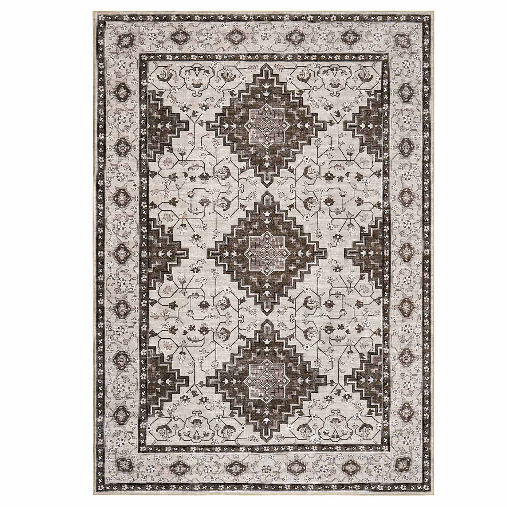 Qeetex LSN-PHO-16N2RCY5 5 x 7 ft Polyester Pearl Velvet Brown Rectangular Hallway Bathroom Entryway Kitchen Office Foldable Flower Printed Persian Washable Area Rug