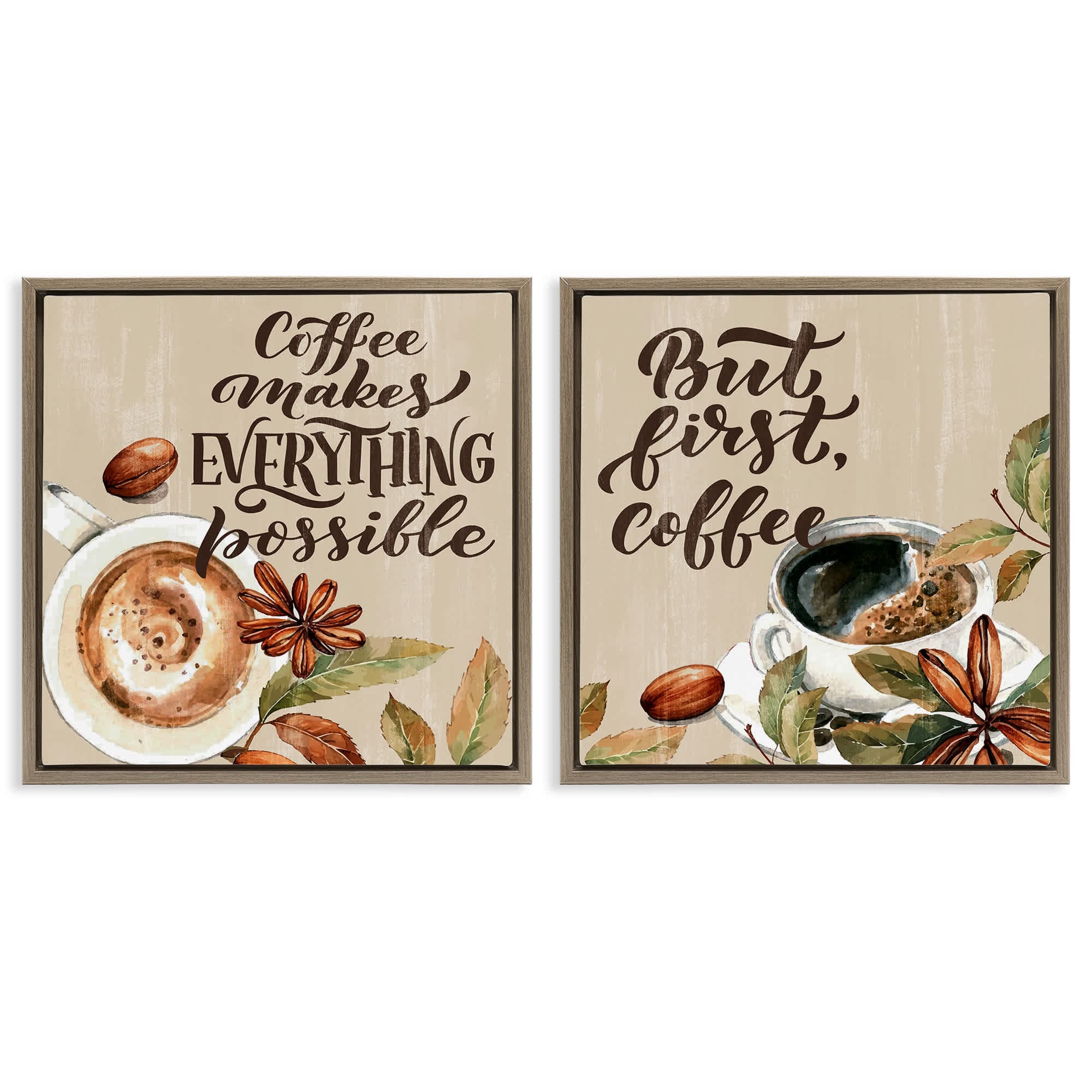 Stupell Industries B2-780-FFE-2PC-17X17 Morning Coffee Classic Phrases 2 Piece Brown Framed Floater Canvas Set By Kim Allen 18 x 18