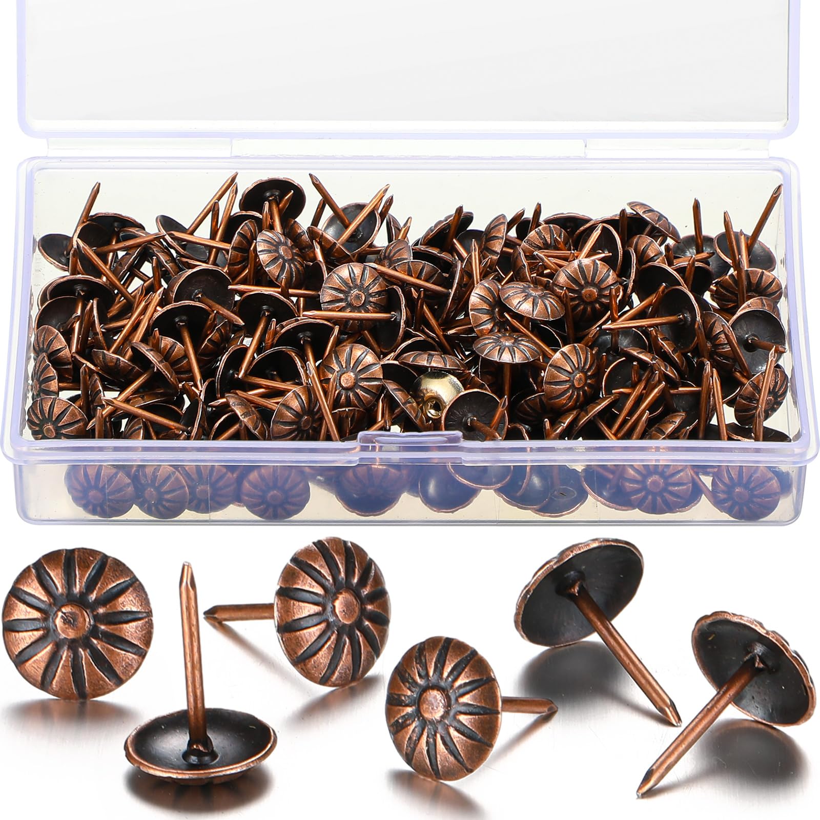 Linder Group Inc Decorative upholstery tacks 200 pcs vintage brass daisy thumb tack furniture nails red bronze head 7 16 inch for sofa chair bed DIY projects