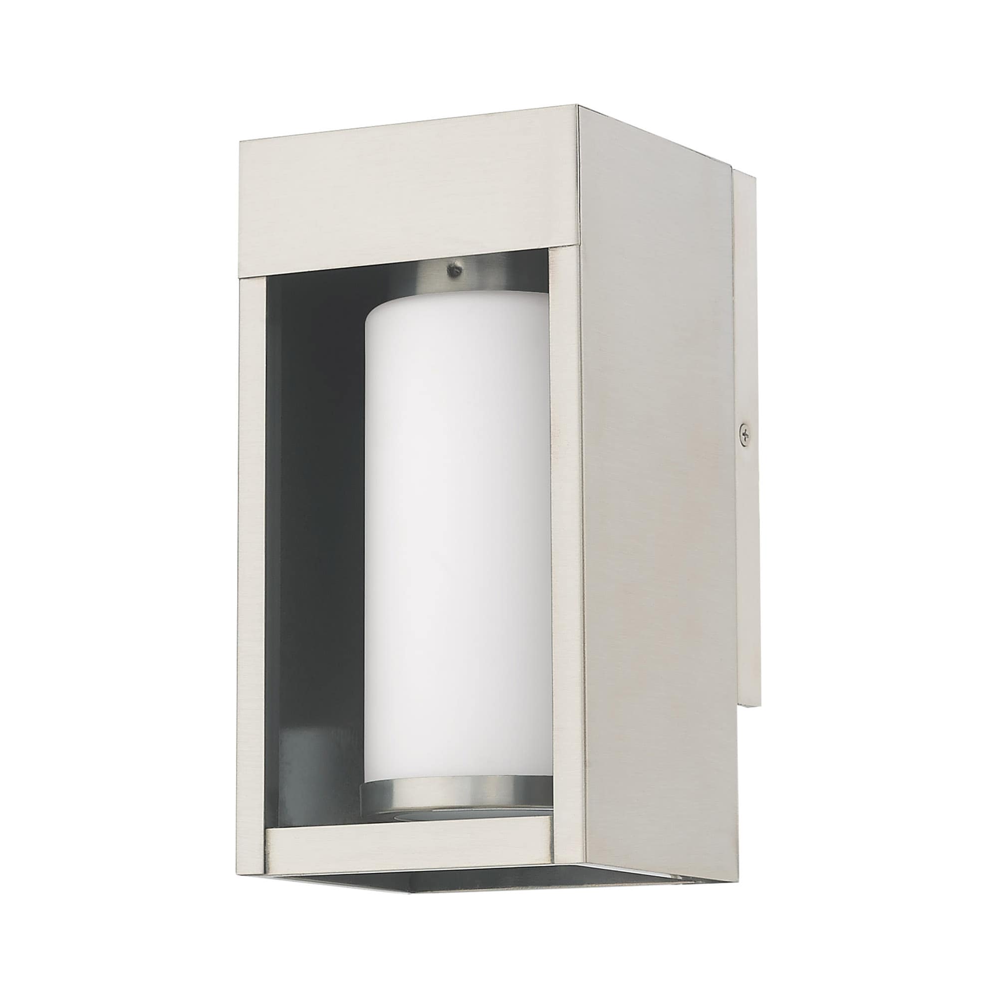 Contemporary Brushed Nickel Outdoor Wall Lantern with Satin Opal White Glass
