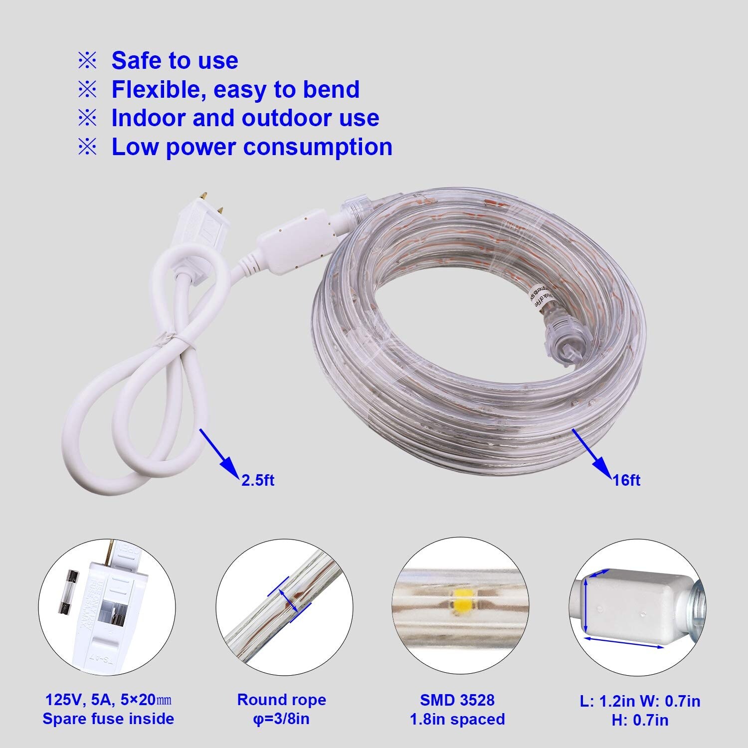 Vrbgify 16ft Blue LED Rope Light Roll Flexible Connectable Waterproof ...