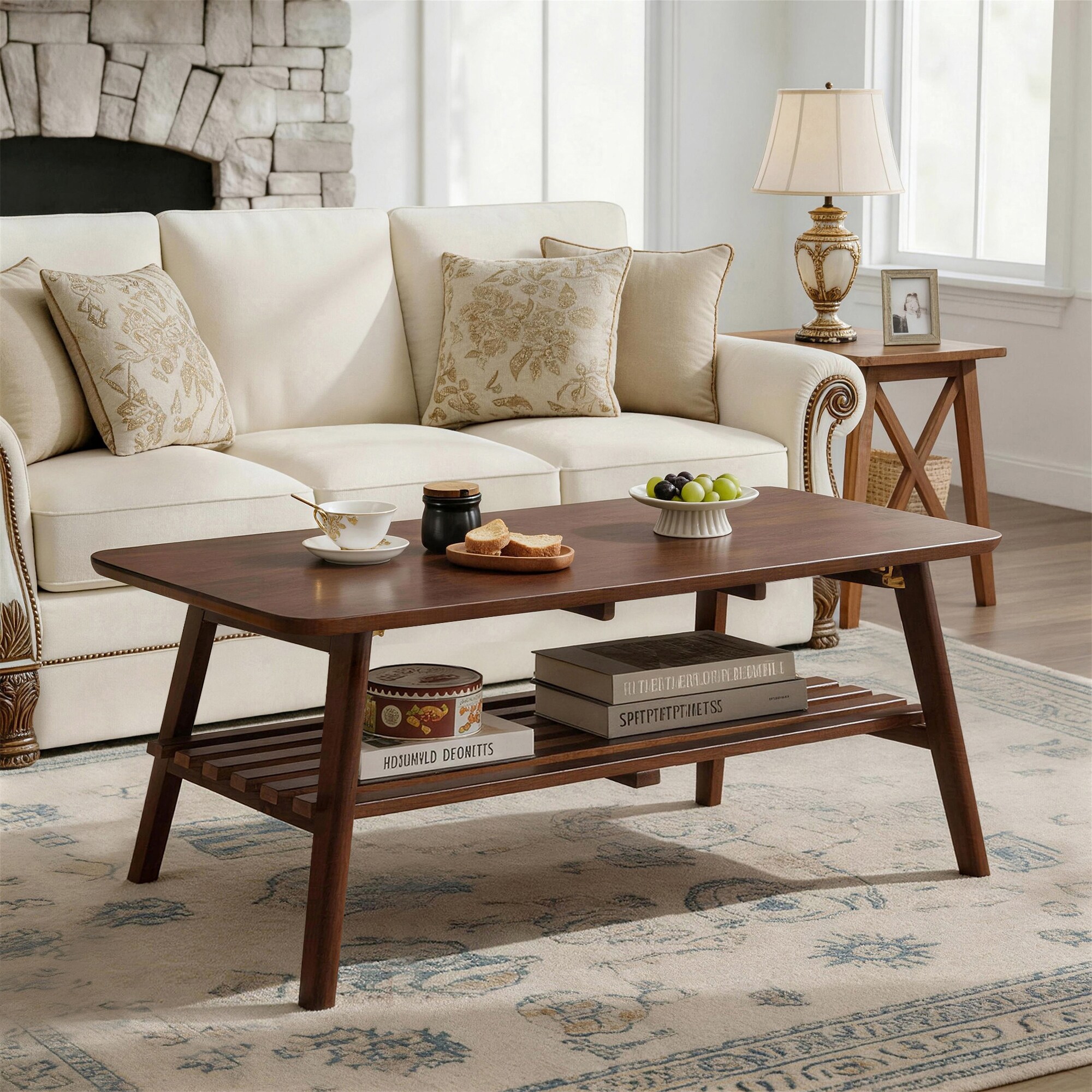 Bybafun Midcentury Wood Brown Rubberwood 47.24-in W x 17.72-in H Coffee Table