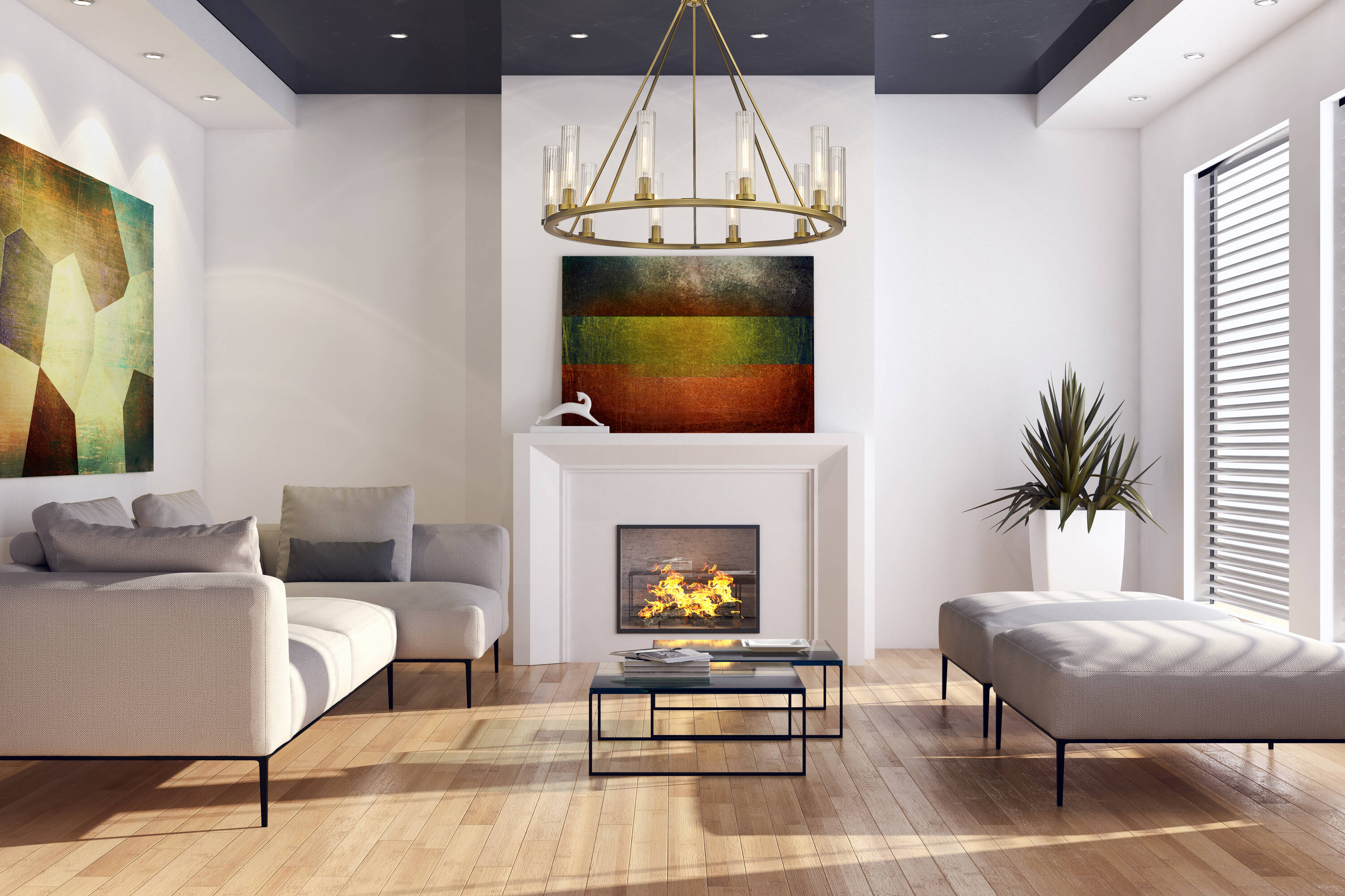 Beau 46" Rubbed Brass Chandelier with Fluted Glass Shades