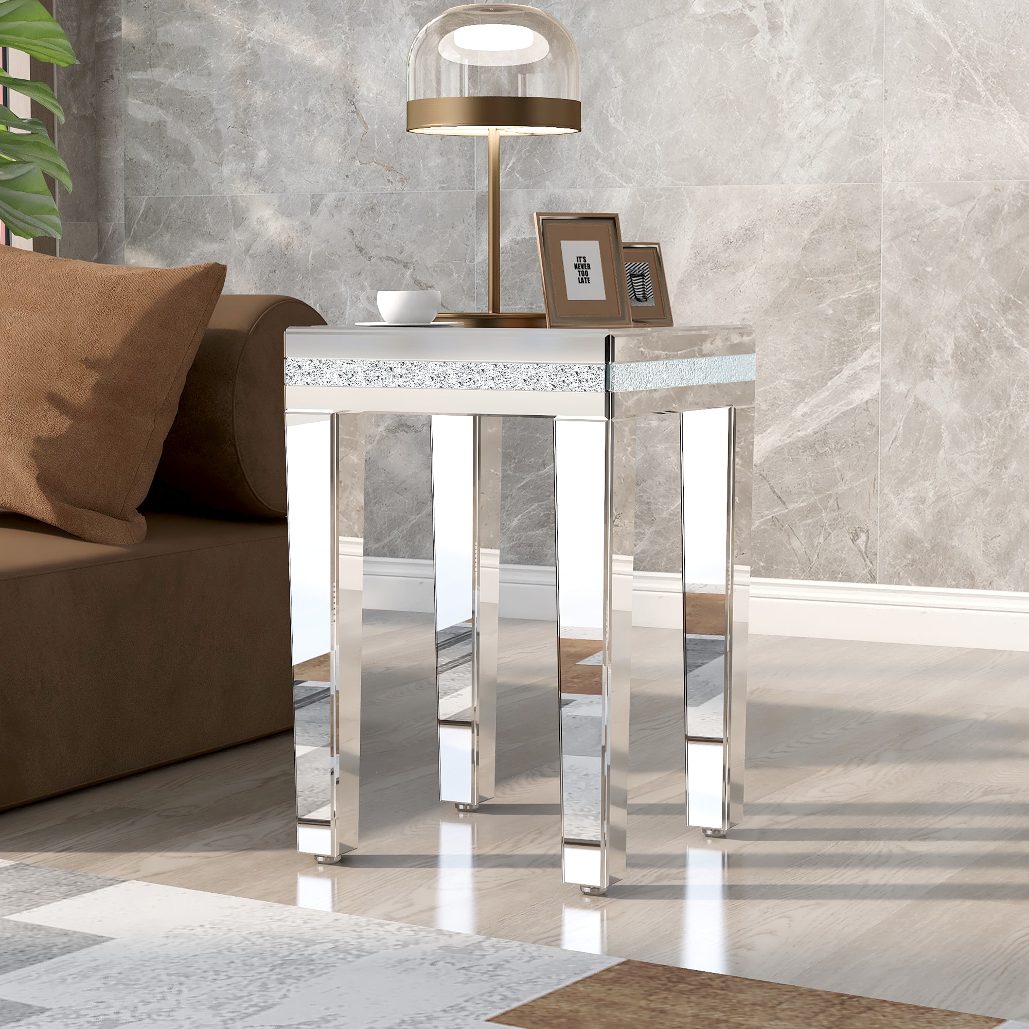ModernLuxe WF296595AAN Fashionable Modern Glass Mirrored Side Table Easy Assembly End Table with Crystal Design and Adjustable Height Legs Silver
