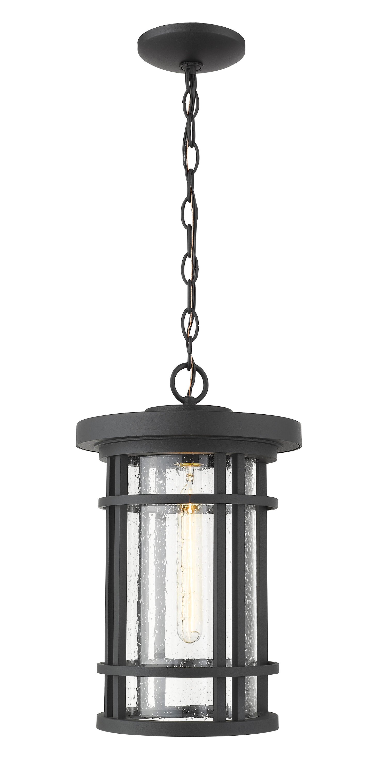 Z-Lite 570CHB-BK Jordan 1 -Light Black Craftsman Seeded glass Lantern Medium Outdoor Hanging Pendant light