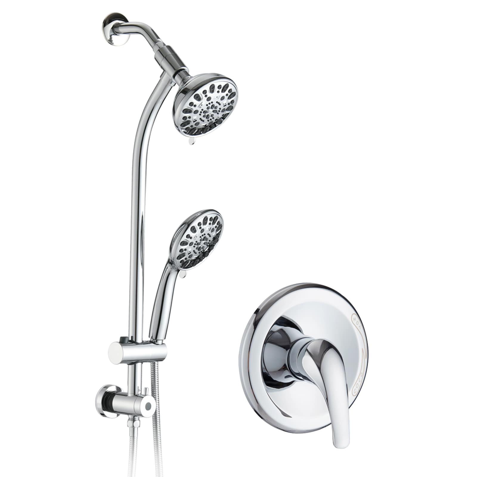 BEARSOLIM Drill-Free Stainless Steel Slide Bar Combo Rain Showerhead 7-Setting Hand Dual Shower Head Spa System Chrome (Rough-in Valve Included)