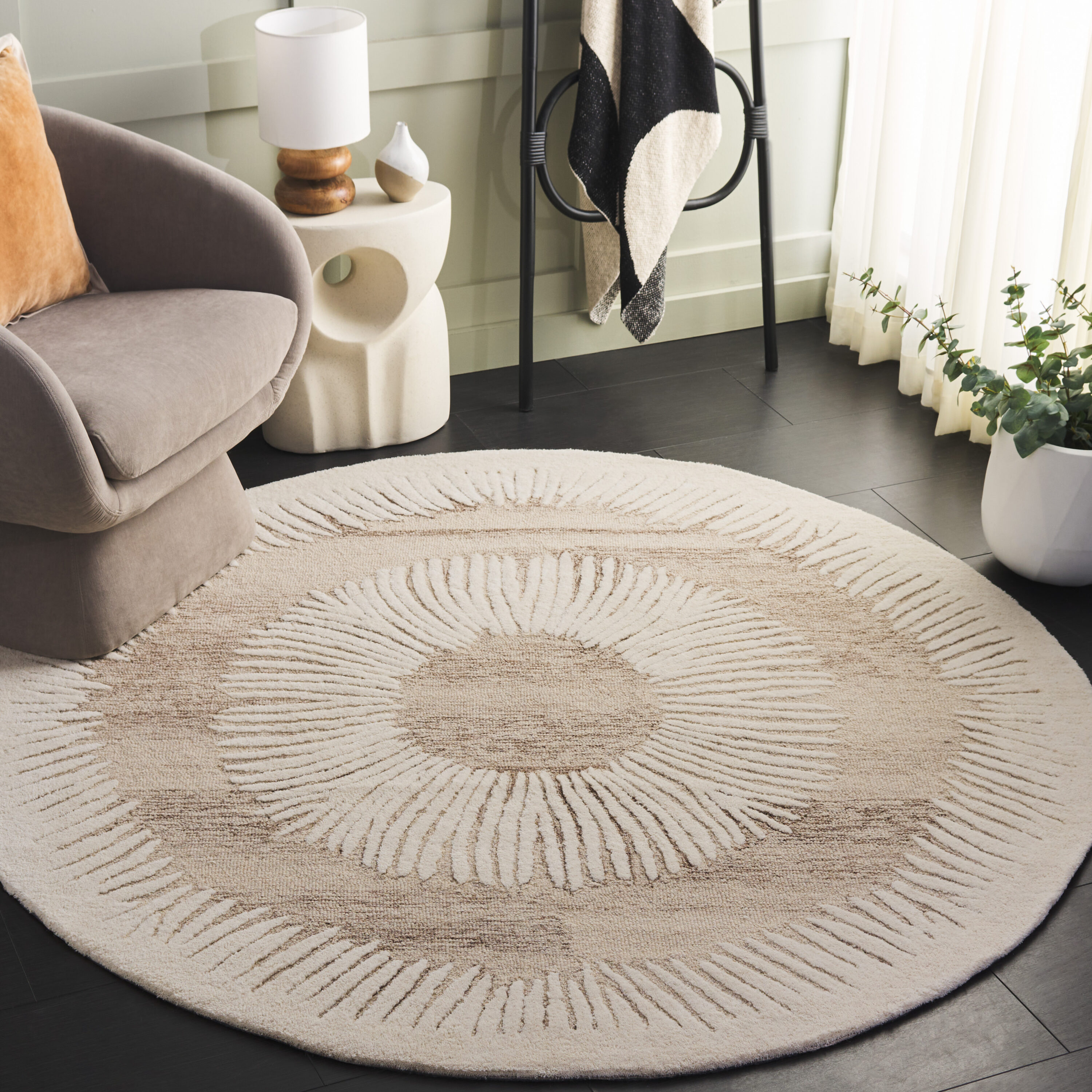 Ebony 814 Ivory/Brown Contemporary 6ft x 6ft Round Rug