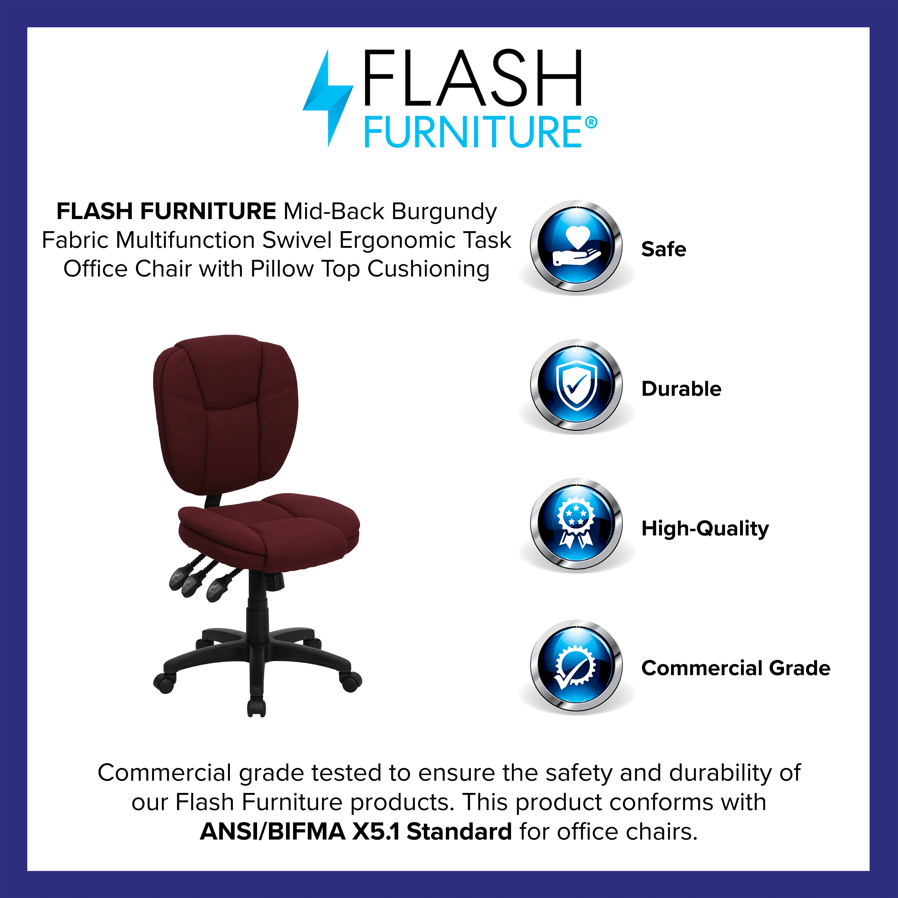 Ergonomic Mid-Back Task Chair with Pillow Top in Burgundy Fabric